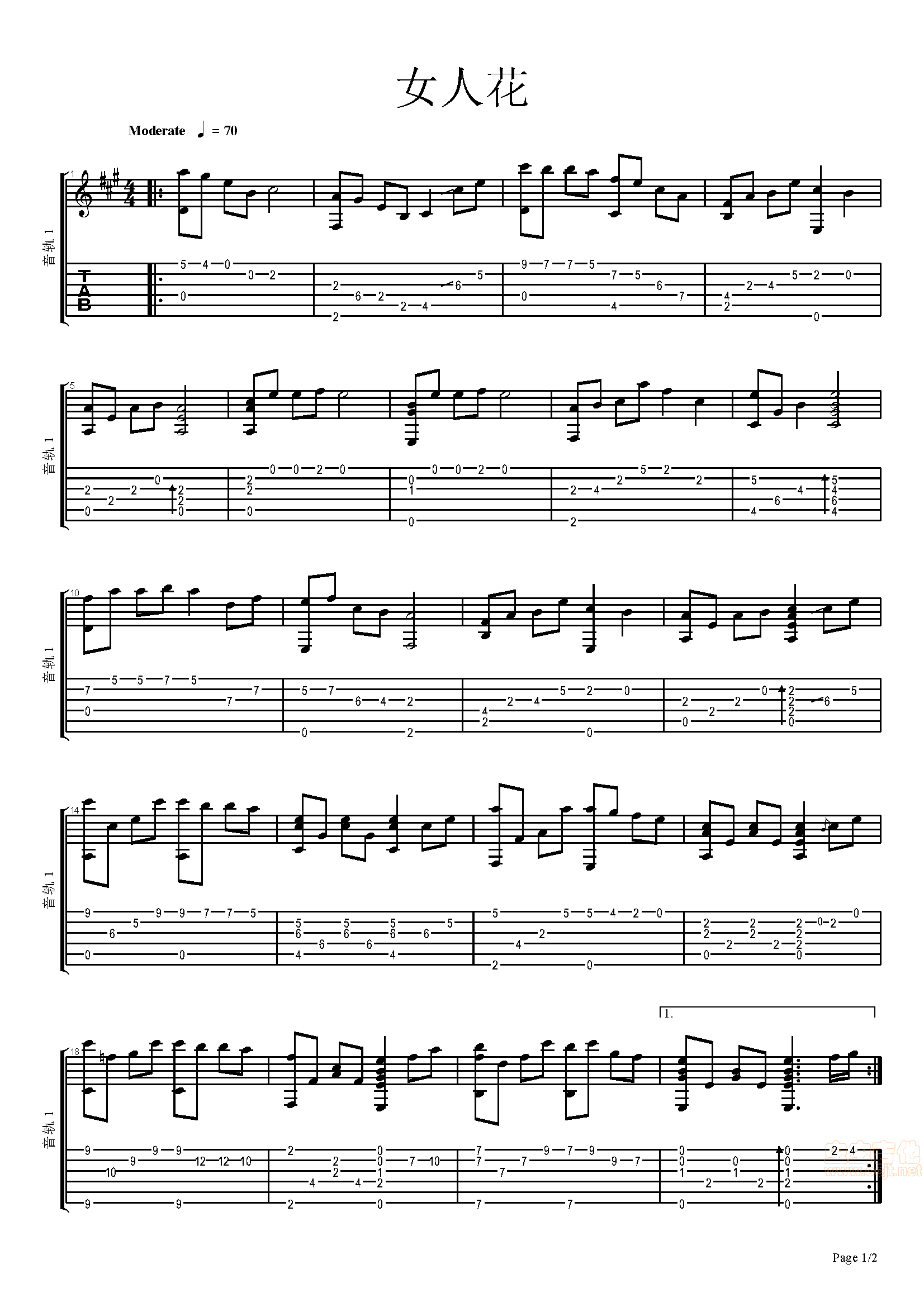 吉他曲谱《女人花》指弹完整版 - 选用C调指法编配 - 中级谱子 - 六线谱(独奏/指弹谱) - 易谱库