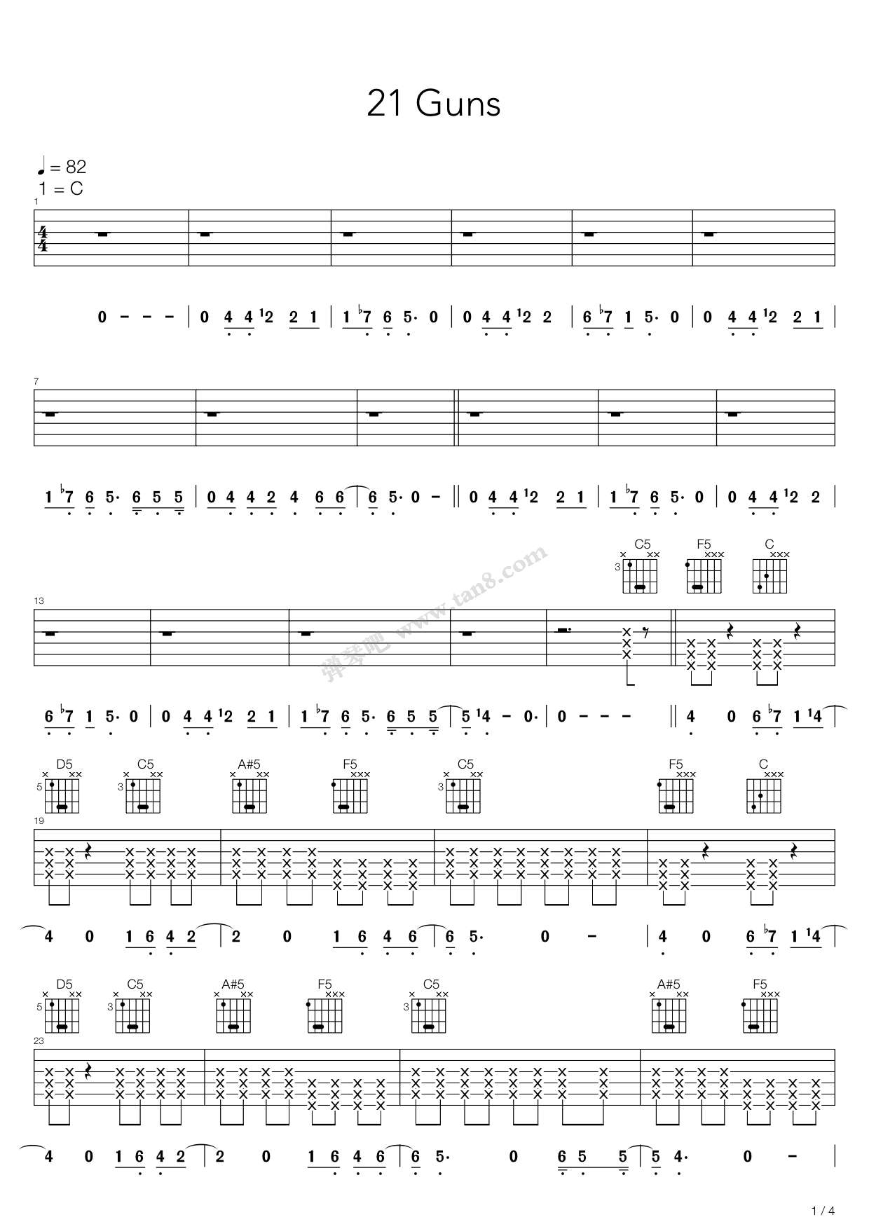 21 Guns, (easy) sheet music for guitar solo (easy tablature)