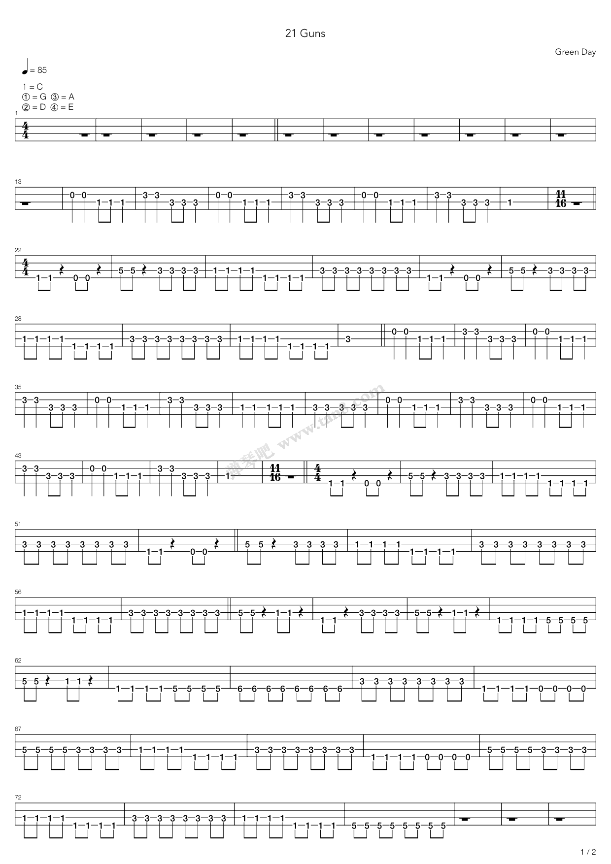 21Guns吉他谱_GreenDay,TheCastOfAmericanIdi_G调弹唱86%现场版 - 吉他世界