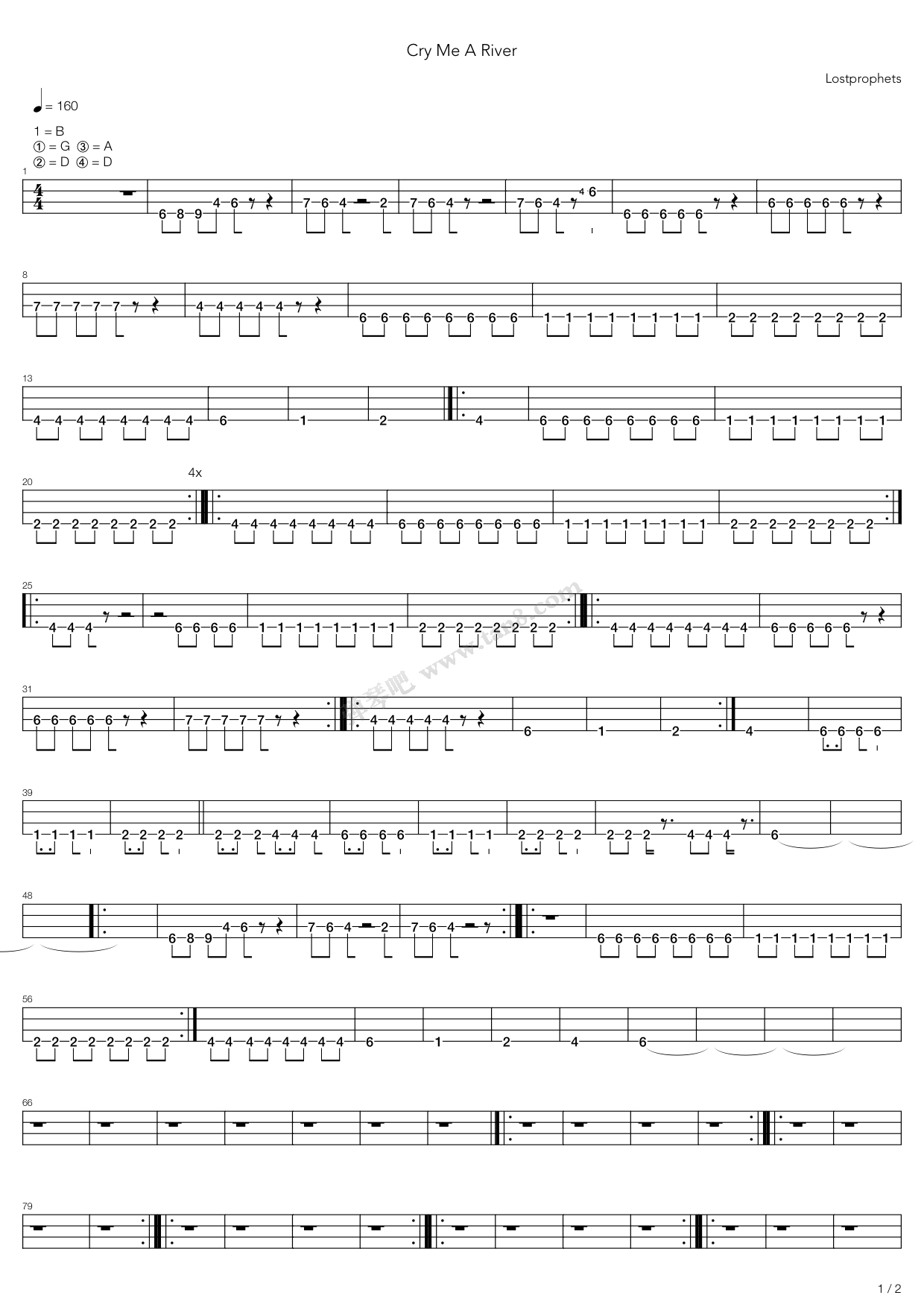吉他谱 >>《cry me a river》,lostprophets
