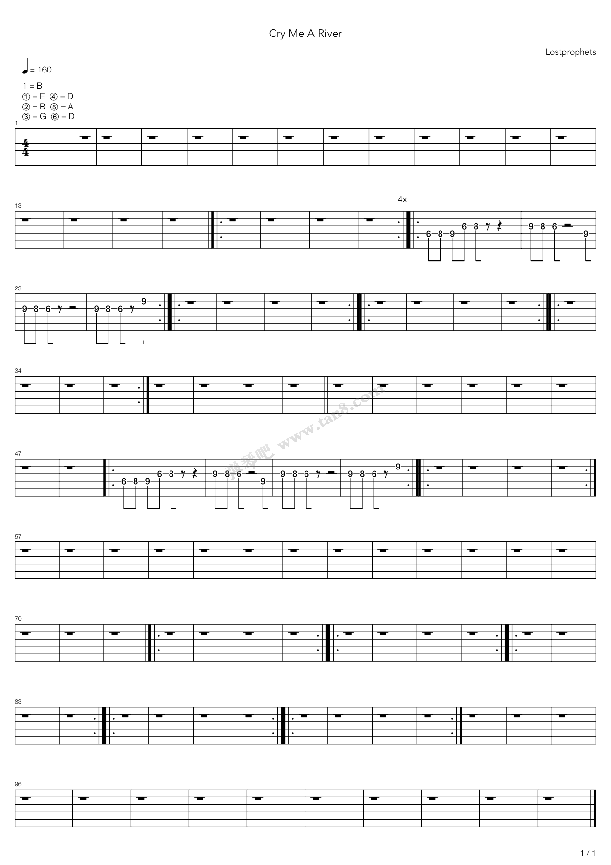吉他谱 >>《cry me a river》,lostprophets