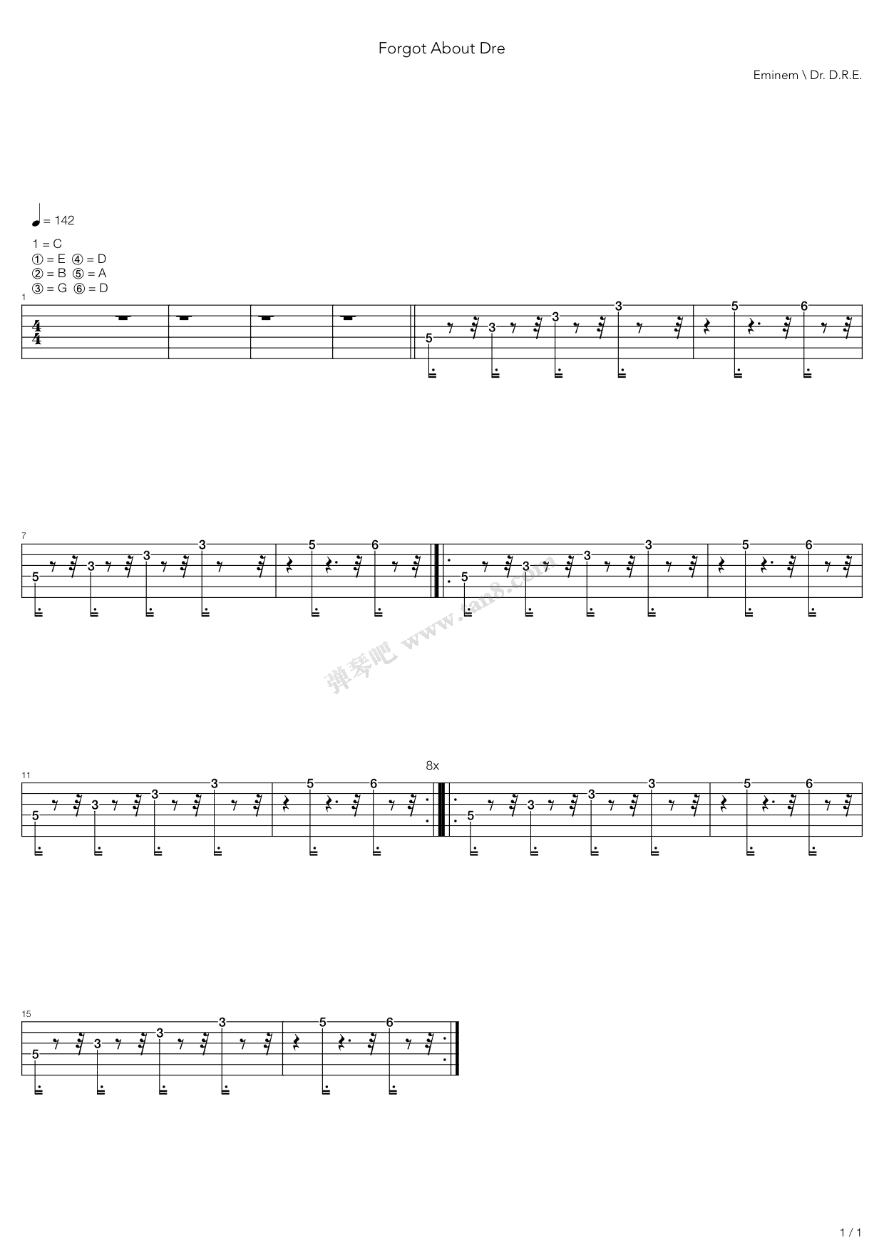 《forgot about dre》,eminem(六线谱 调和弦txt吉他