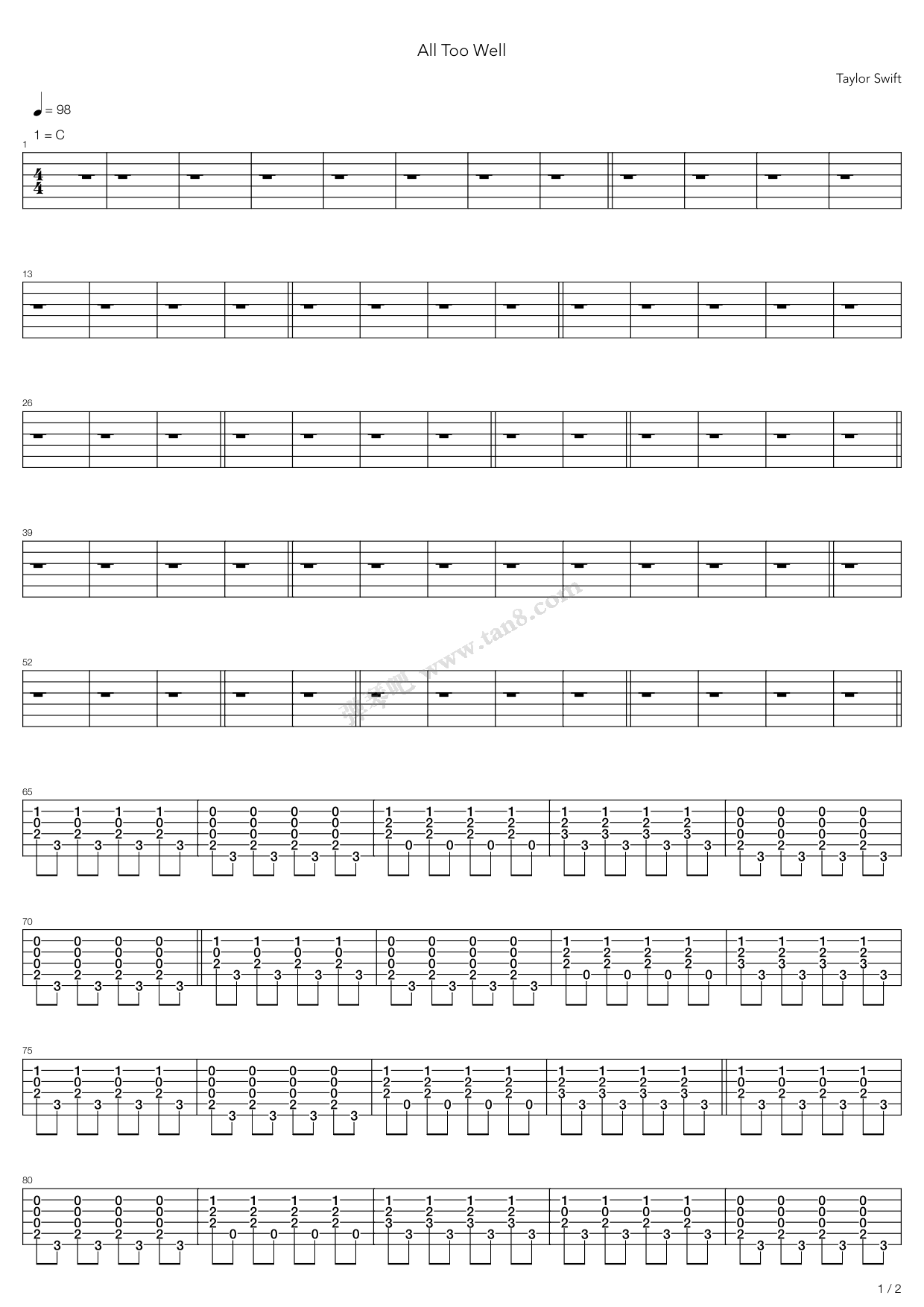all too well简谱,all too well数字简谱 alltoowell
