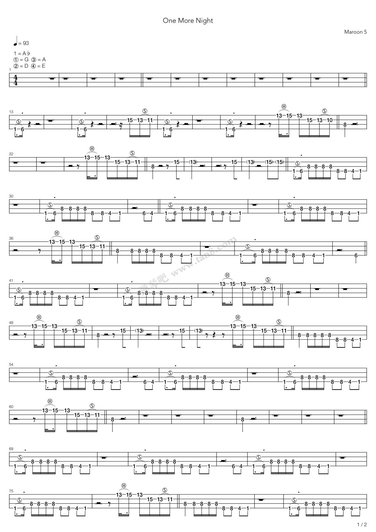 《One More Night》,Maroon 5( 调六线吉他谱-