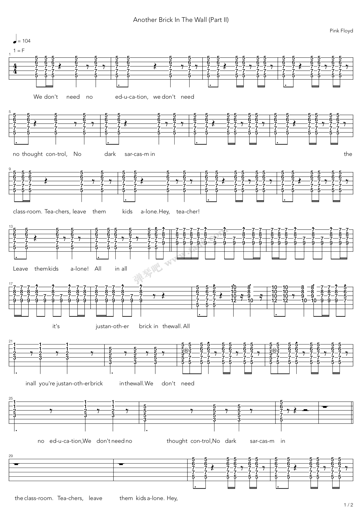 Another Brick In The Wall Vintage Culture Remix 《Another Brick In The Wall Part 2》,Pink Floyd( 调六线吉他谱-虫虫吉他谱免费下载