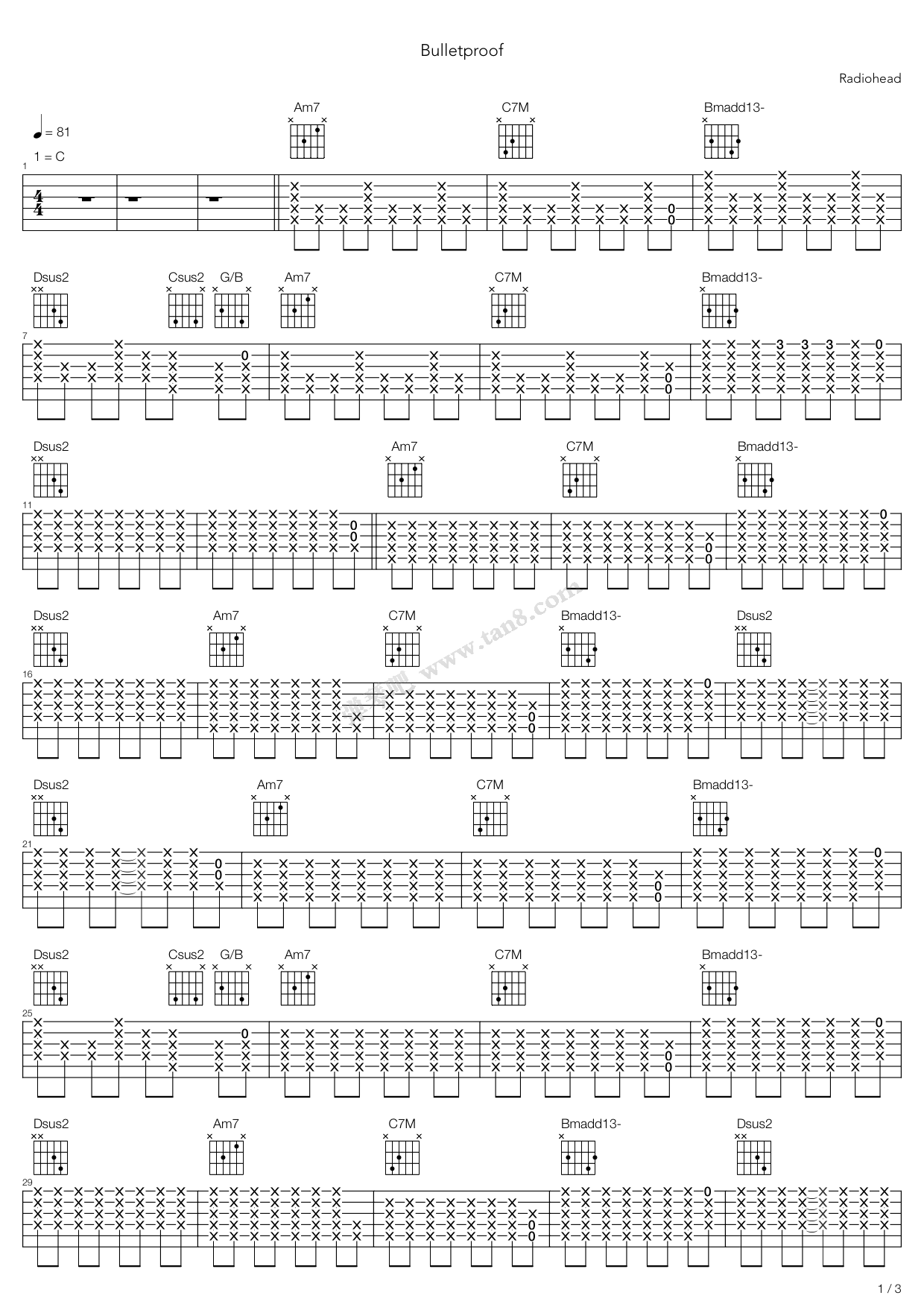 《bulletproof》,radiohead(六线谱 吉他谱吉他谱 第1页