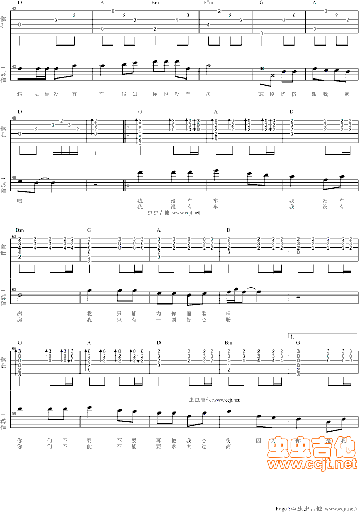 我没有车没有房吉他谱-弹唱谱-d调-虫虫吉他