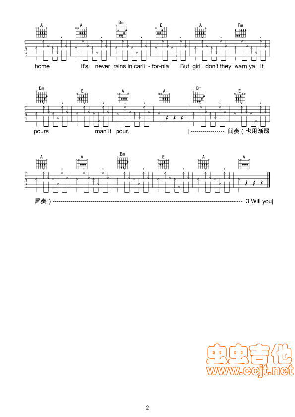 加州南部不下雨吉他谱-弹唱谱-a调-虫虫吉他