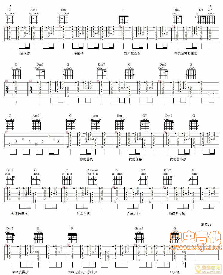 对不起谢谢吉他谱-弹唱谱-c调-虫虫吉他