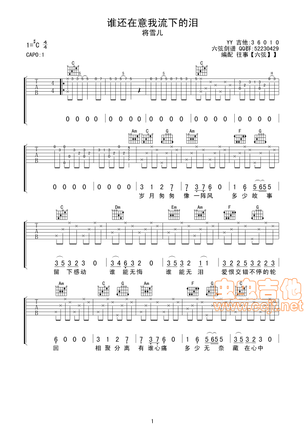 谁还在意我留下的泪吉他谱-弹唱谱-c调-虫虫吉他