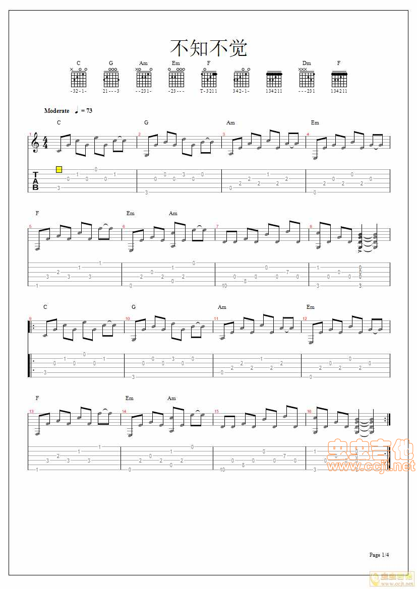 不知不觉吉他谱-弹唱谱-c调-虫虫吉他