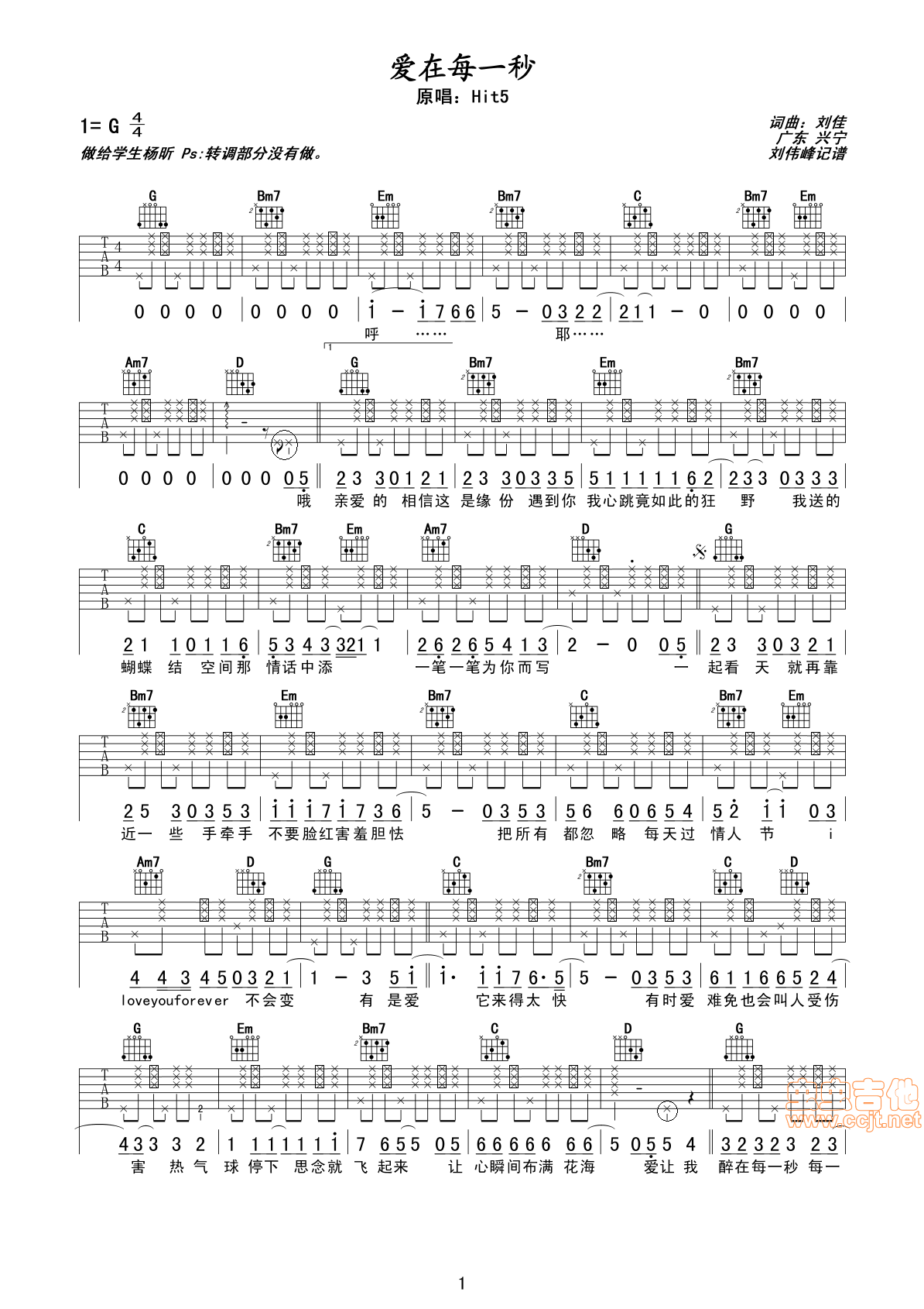张碧晨《下一秒》吉他谱(C调)-Guitar Music Score-曲谱网