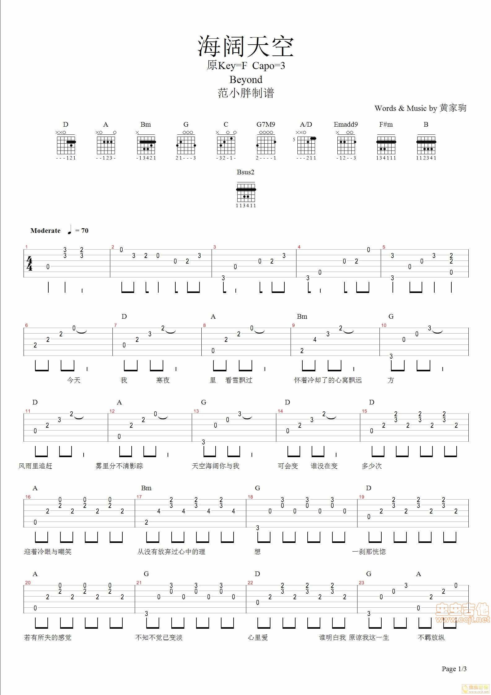 海阔天空吉他谱-弹唱谱-d调-虫虫吉他