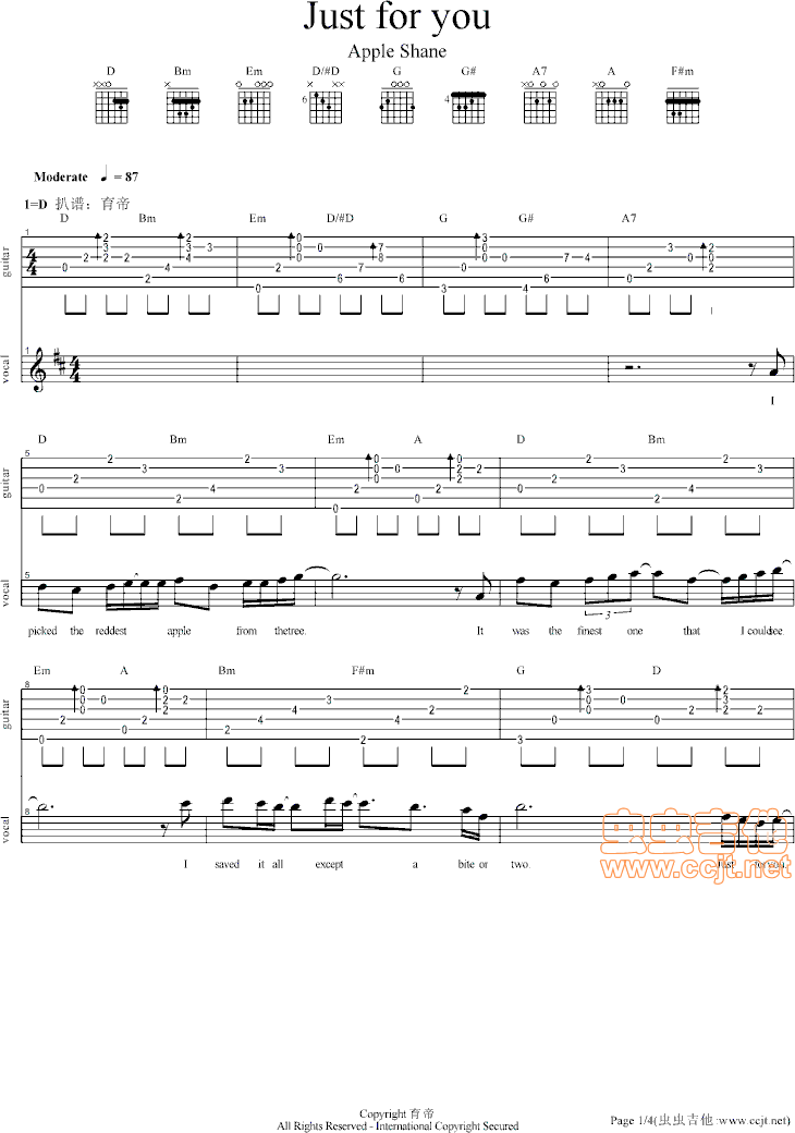 just for you吉他谱-弹唱谱-d调-虫虫吉他