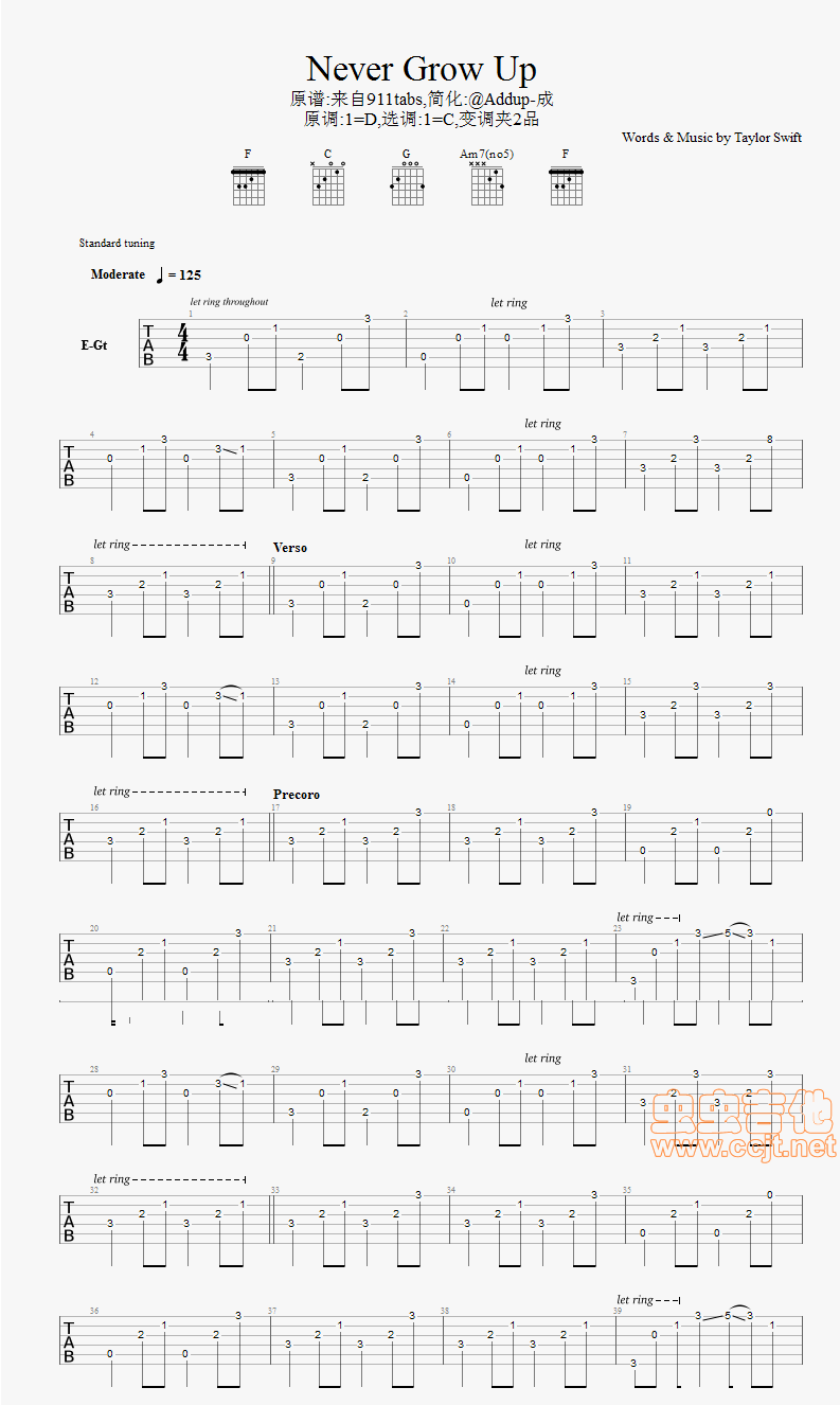Never Grow Up吉他谱--c调-虫虫吉他