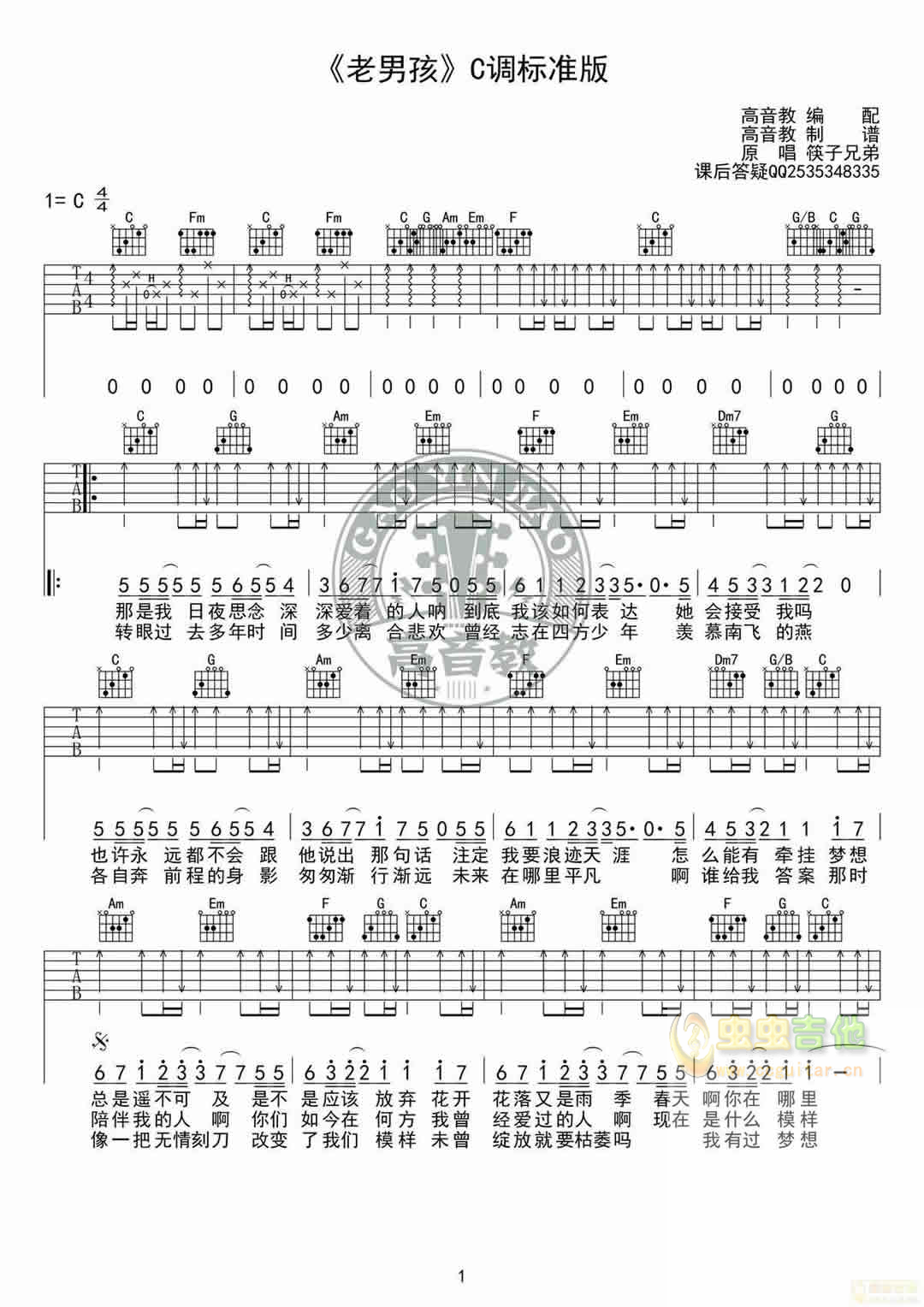 老男孩吉他谱_筷子兄弟_C调标准版吉他谱附教学 - 吉他园地