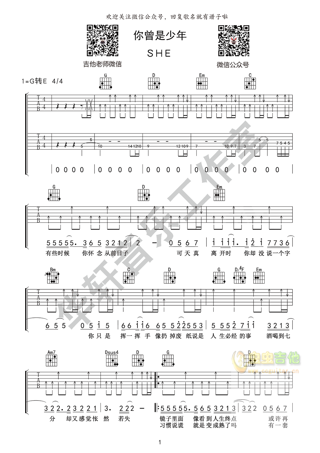 你曾是少年 - S.H.E - 吉他谱（含弹唱视频）(老姚编配) - 嗨吉他