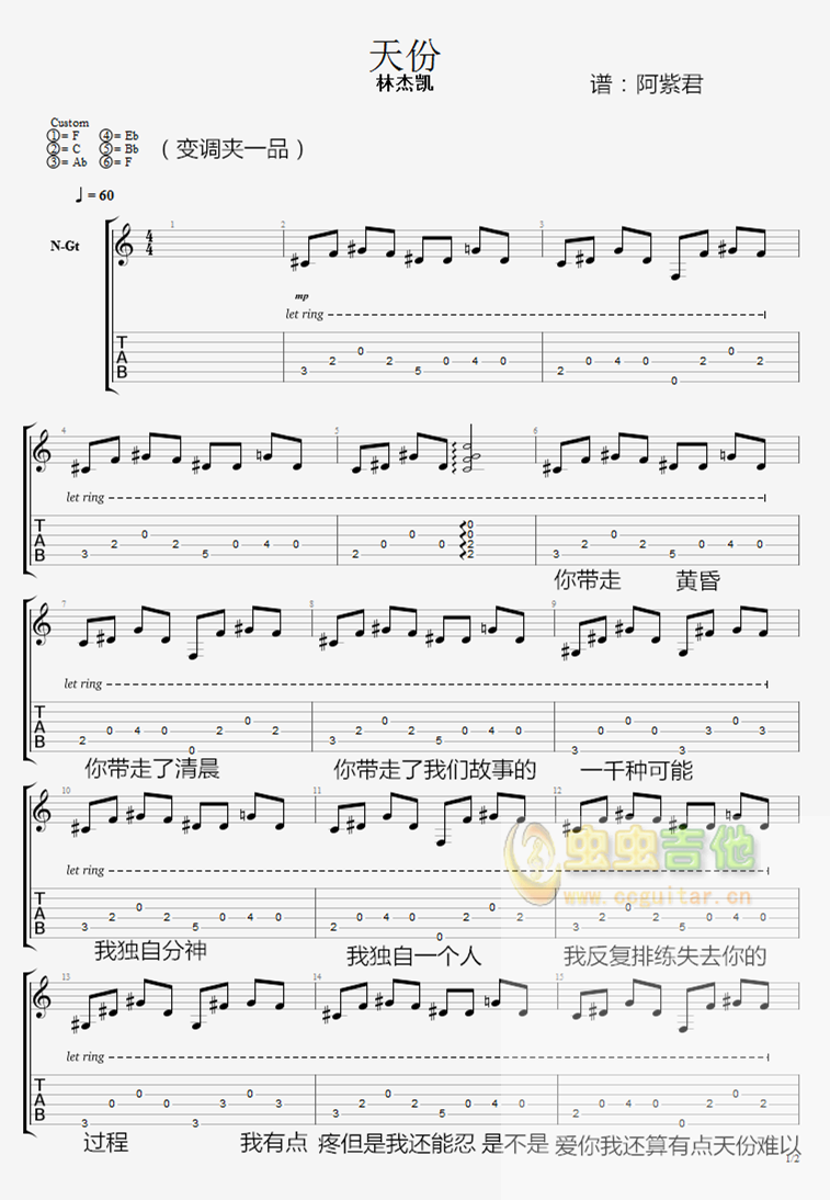 天份吉他谱-弹唱谱-c调-虫虫吉他