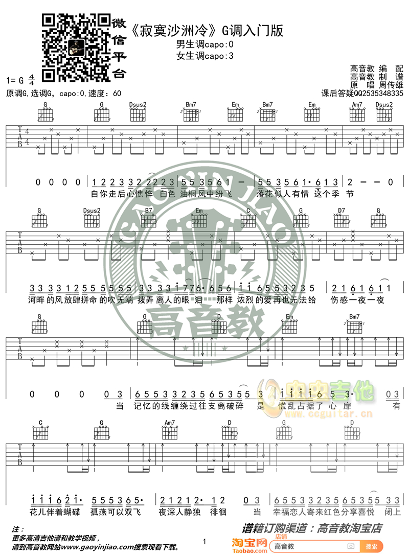 寂寞沙洲冷吉他谱-弹唱谱-g调-虫虫吉他