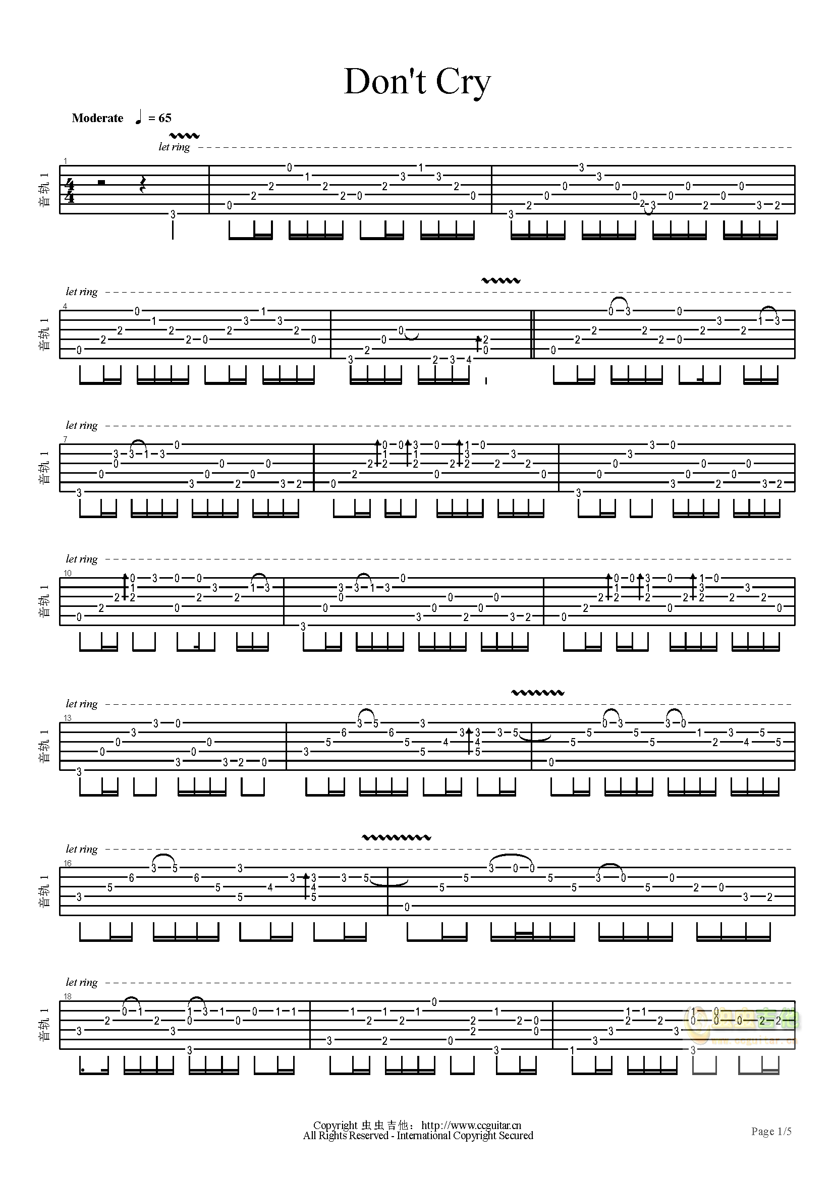 枪花dont cry指弹完全版c调gtp六线-独奏吉他谱-虫虫吉他谱免费下载