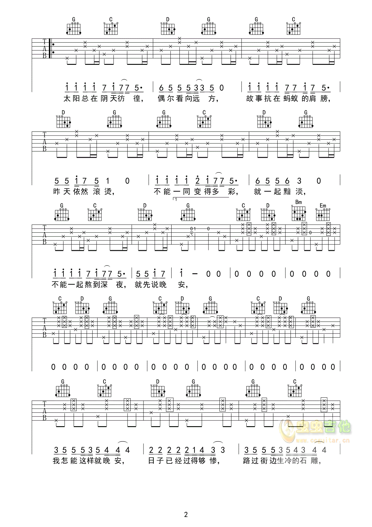 如人饮水吉他谱-弹唱谱-c调-虫虫吉他