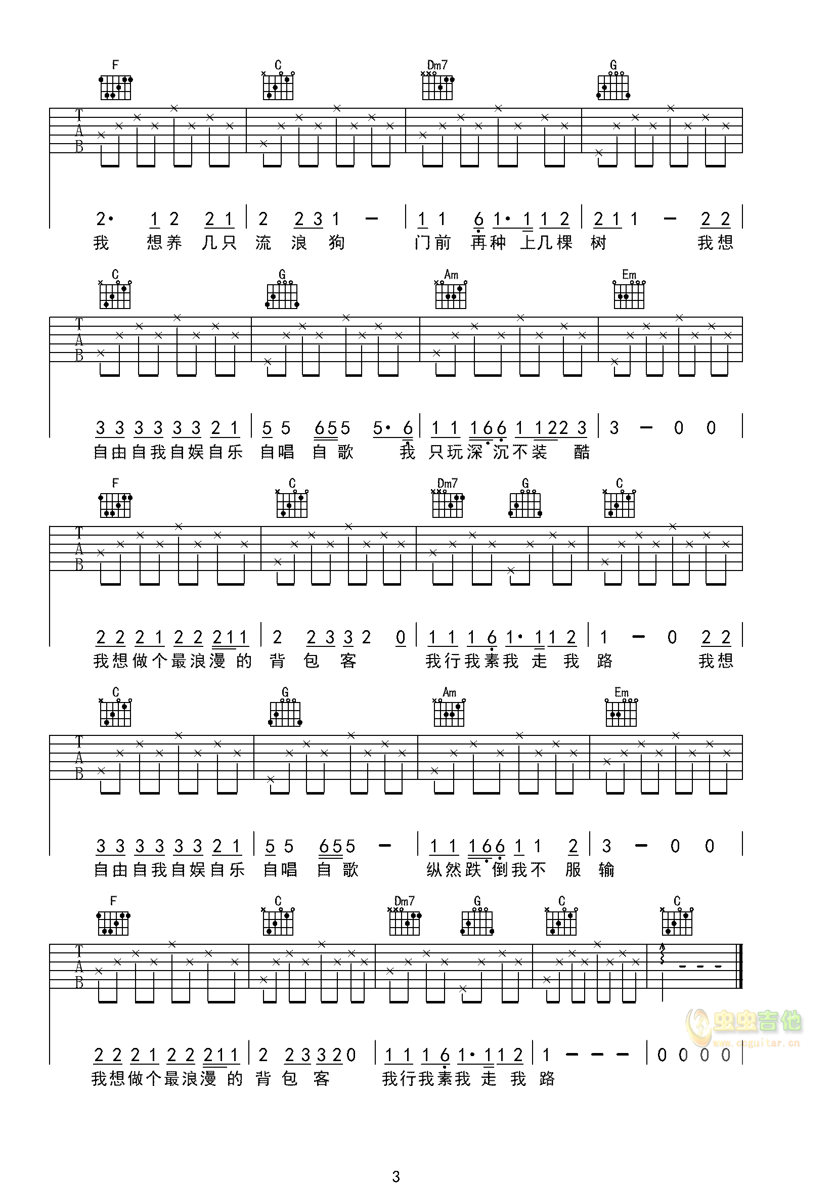 背包客吉他谱-弹唱谱-c调-虫虫吉他