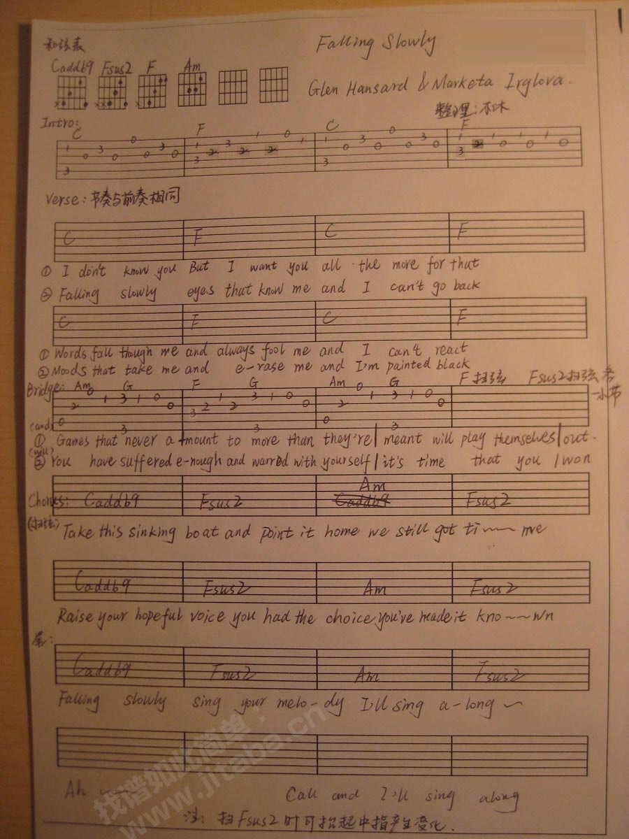 falling slowly 电影《once》主题曲吉他谱 第1页