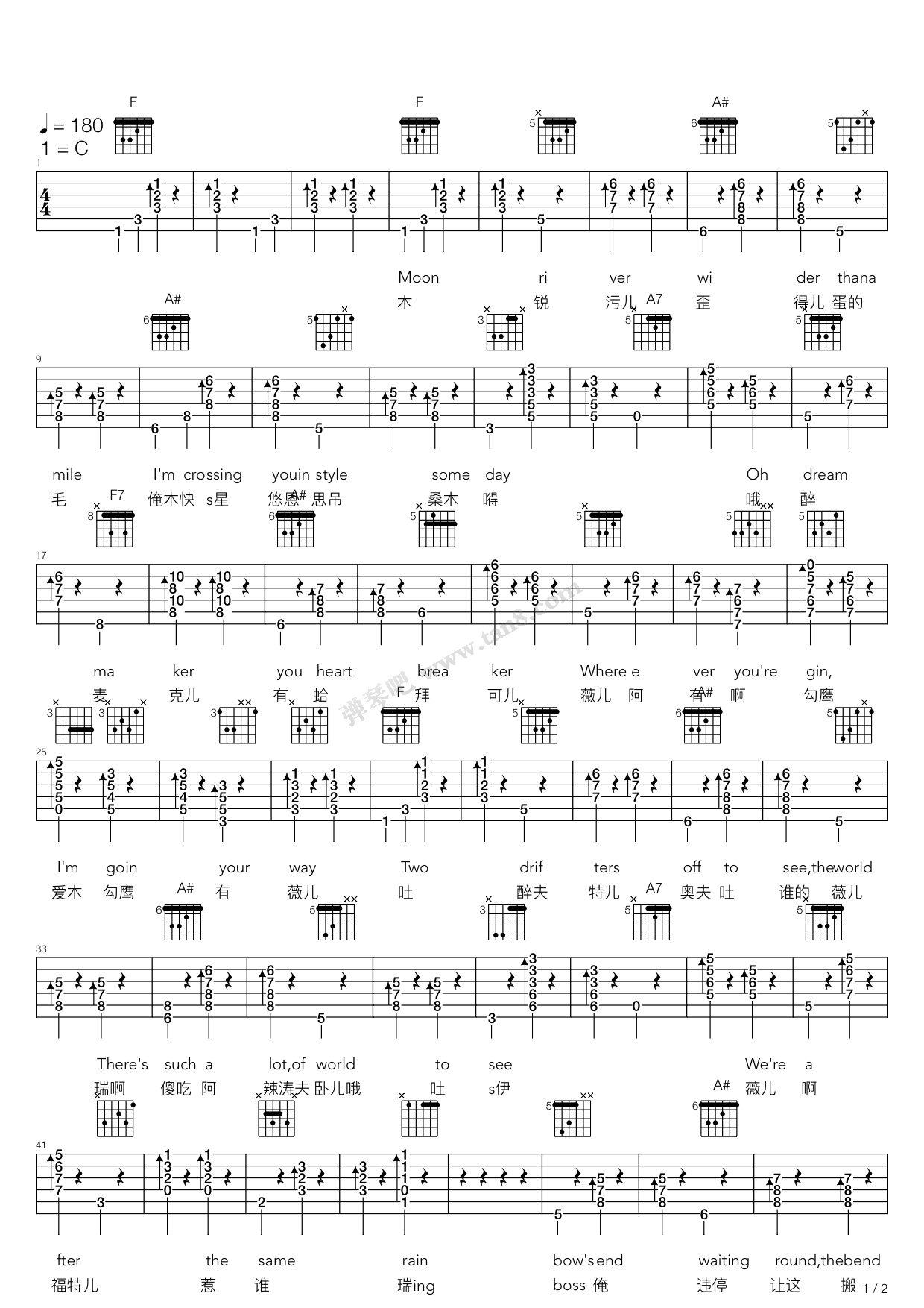 《moon river.弹唱版》,奥黛丽赫本(六线谱 吉他谱吉他谱 第1页