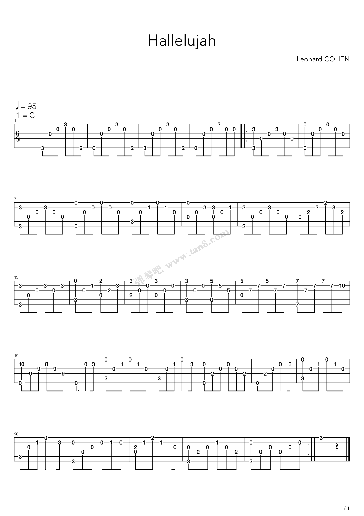 《hallelujah (指弹版)》,leonard cohen(六线谱 吉他谱吉他谱 第1页