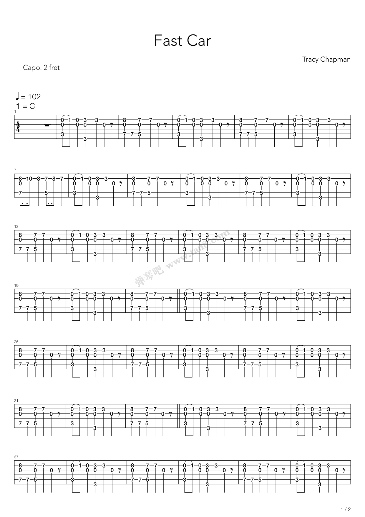 《fast car》,tracy chapman(六线谱 吉他谱吉他谱 第1页