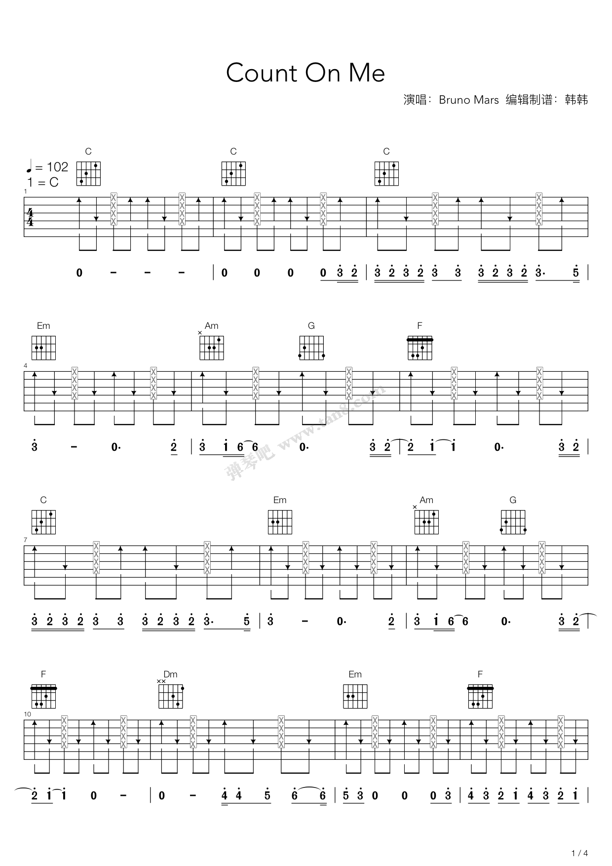 《count on me(bruno mars版)》,bruno mars(六线谱 吉他谱吉他谱 第1