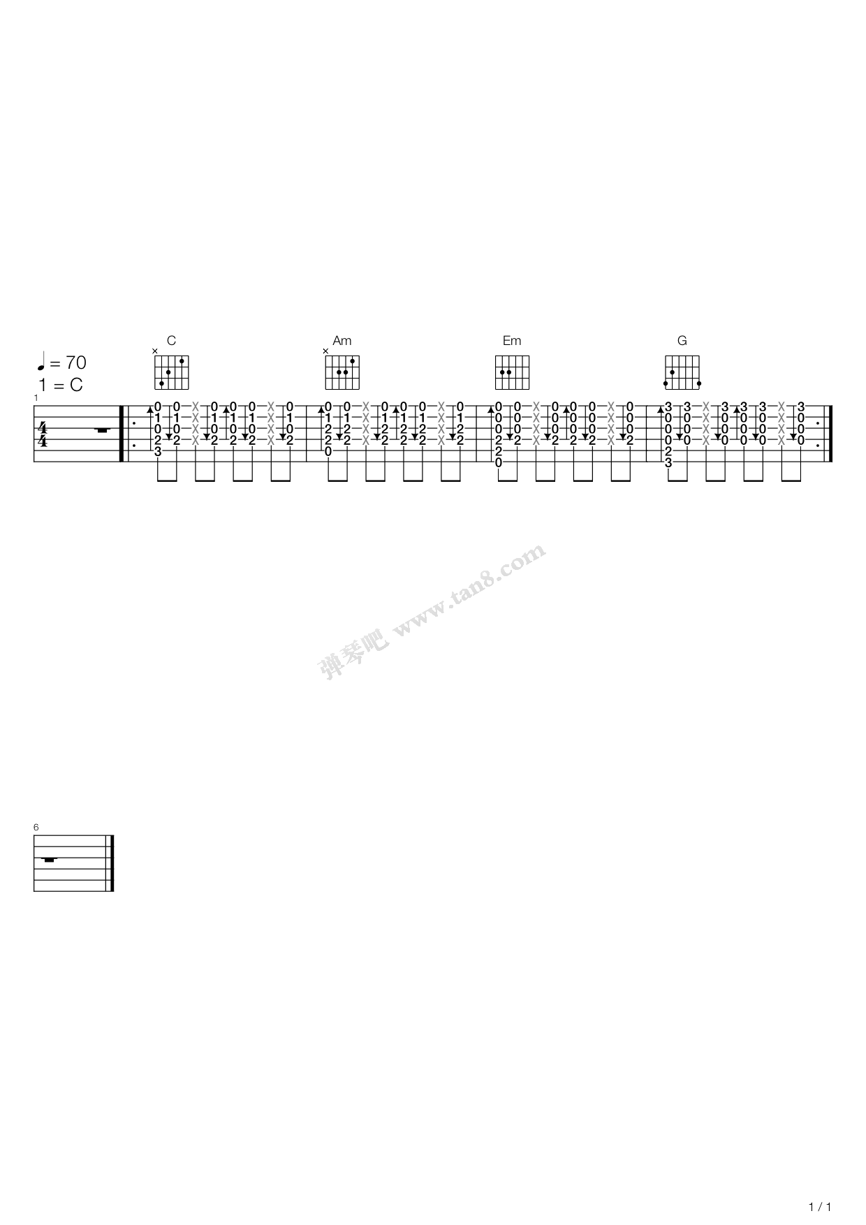 《11 右手拍弦练习》,(六线谱 吉他谱吉他谱 第1页