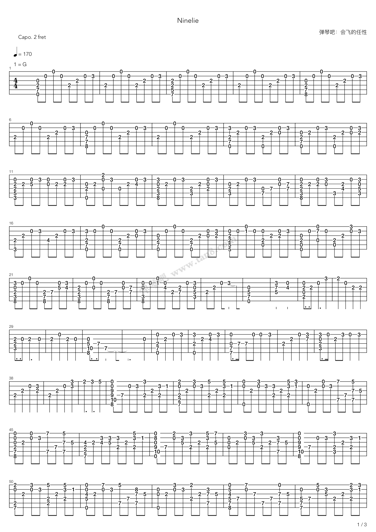 《ninelie -甲铁城的卡巴内瑞》,泽野弘之(六线谱 吉他谱吉他谱 第1页