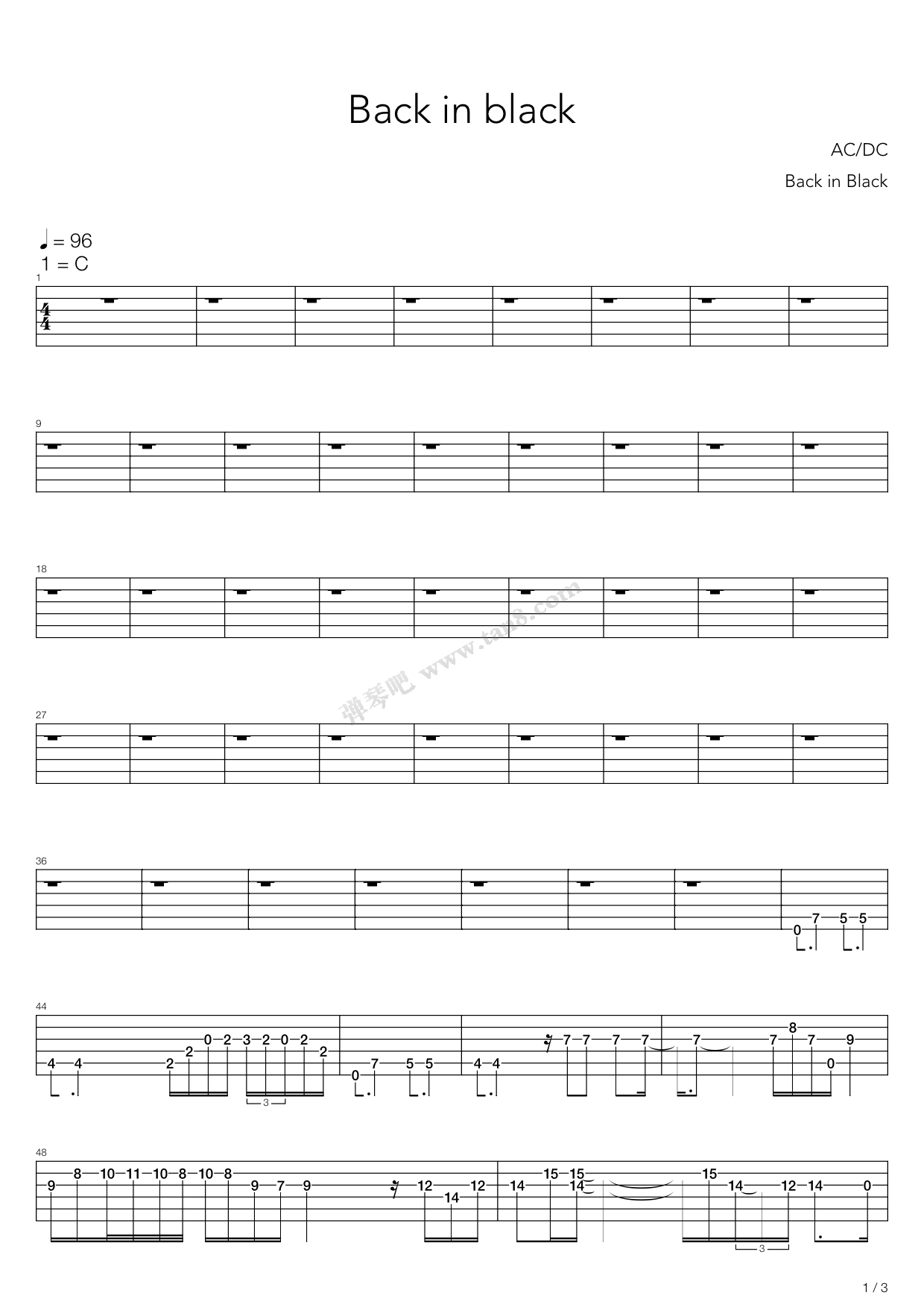 《Back in Black》,AC/DC（六线谱 调六线吉他谱虫虫吉他谱免费下载
