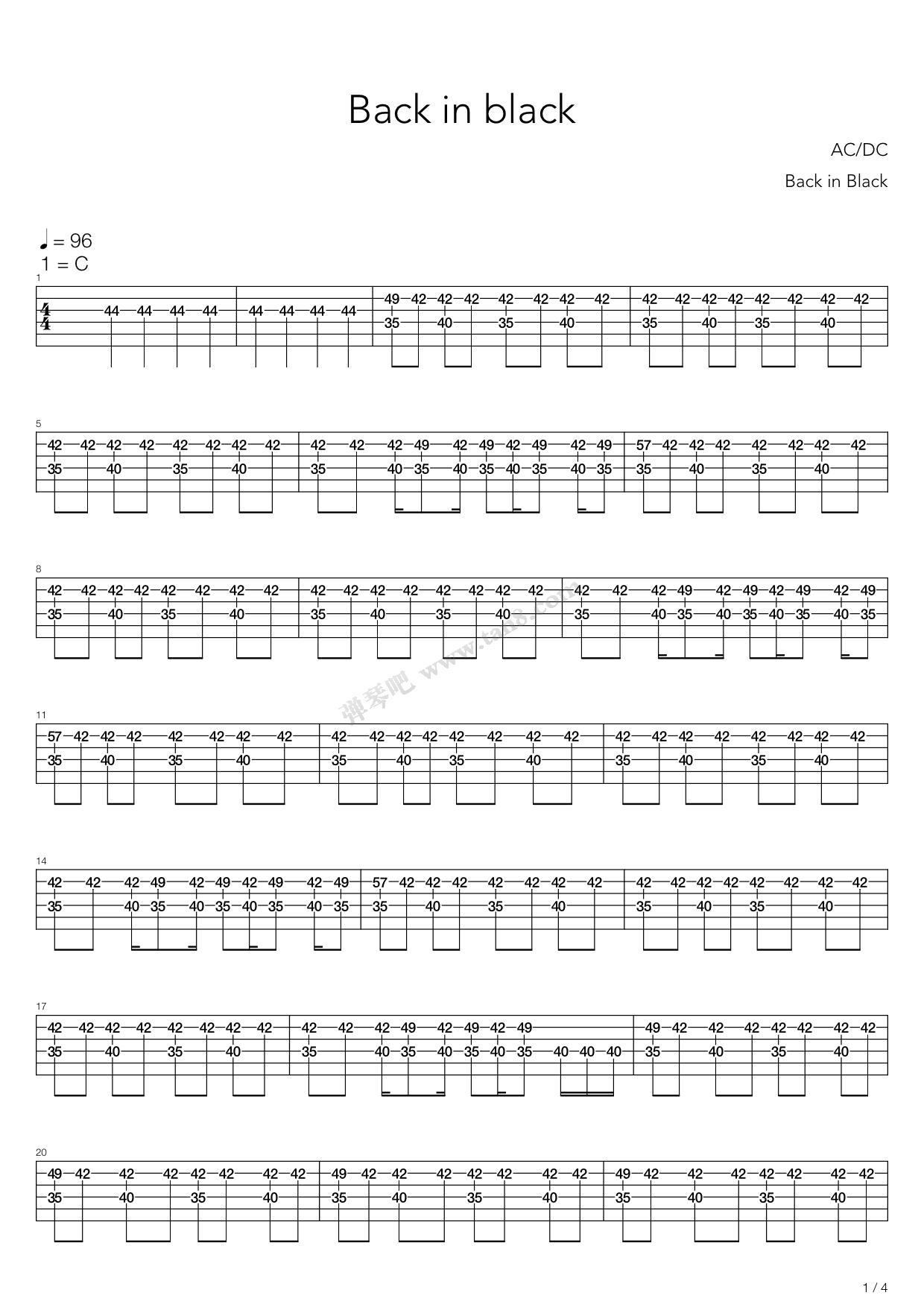 《Back in Black》,AC/DC（六线谱 调六线吉他谱虫虫吉他谱免费下载