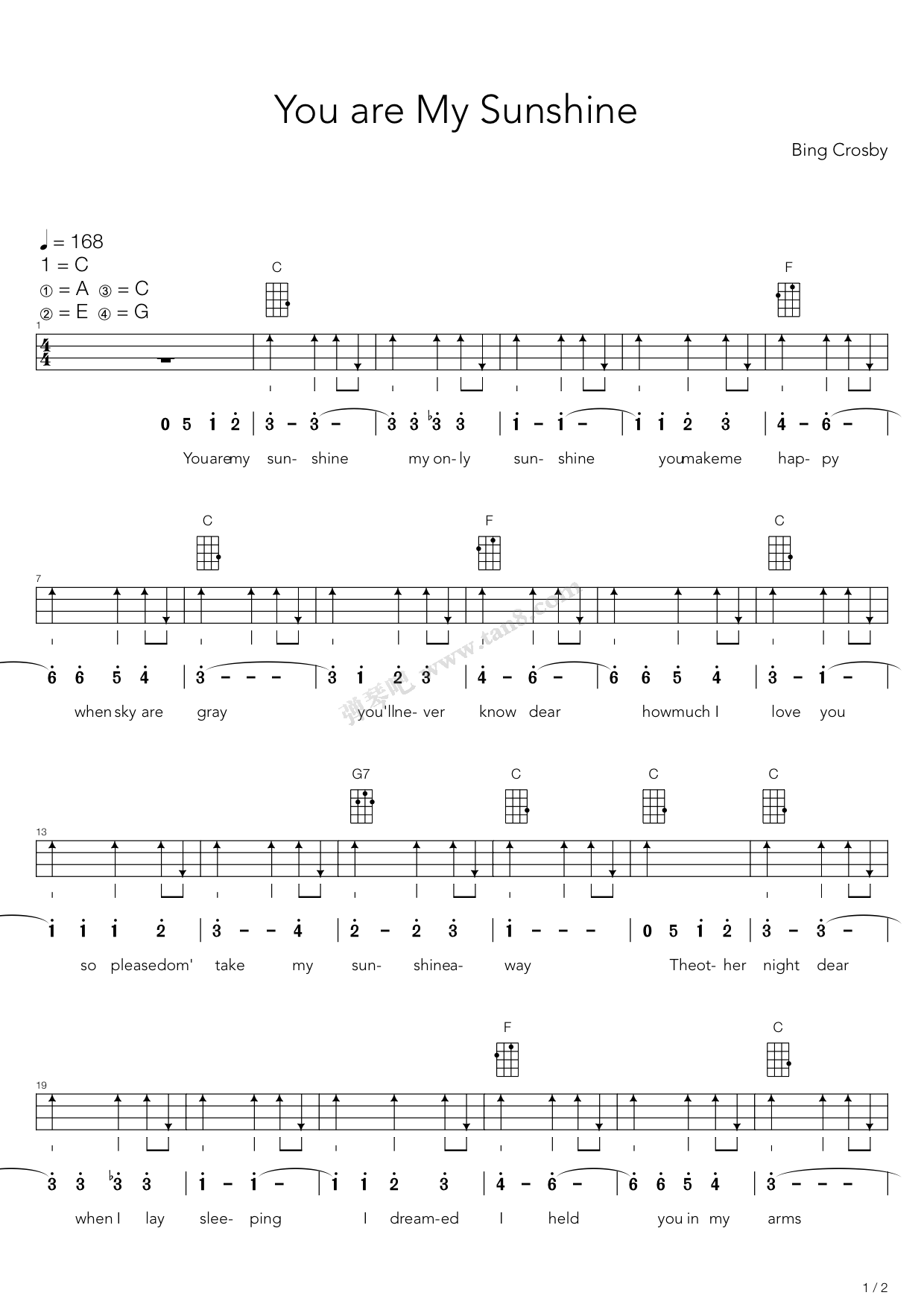 《you are my sunshine(尤克里里弹唱谱)》,张靓颖(六线谱 吉他谱吉他