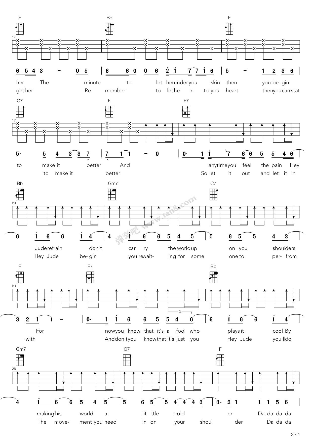 >> 练习曲 >> 孙燕姿 >>hey jude(尤克里里弹唱谱)