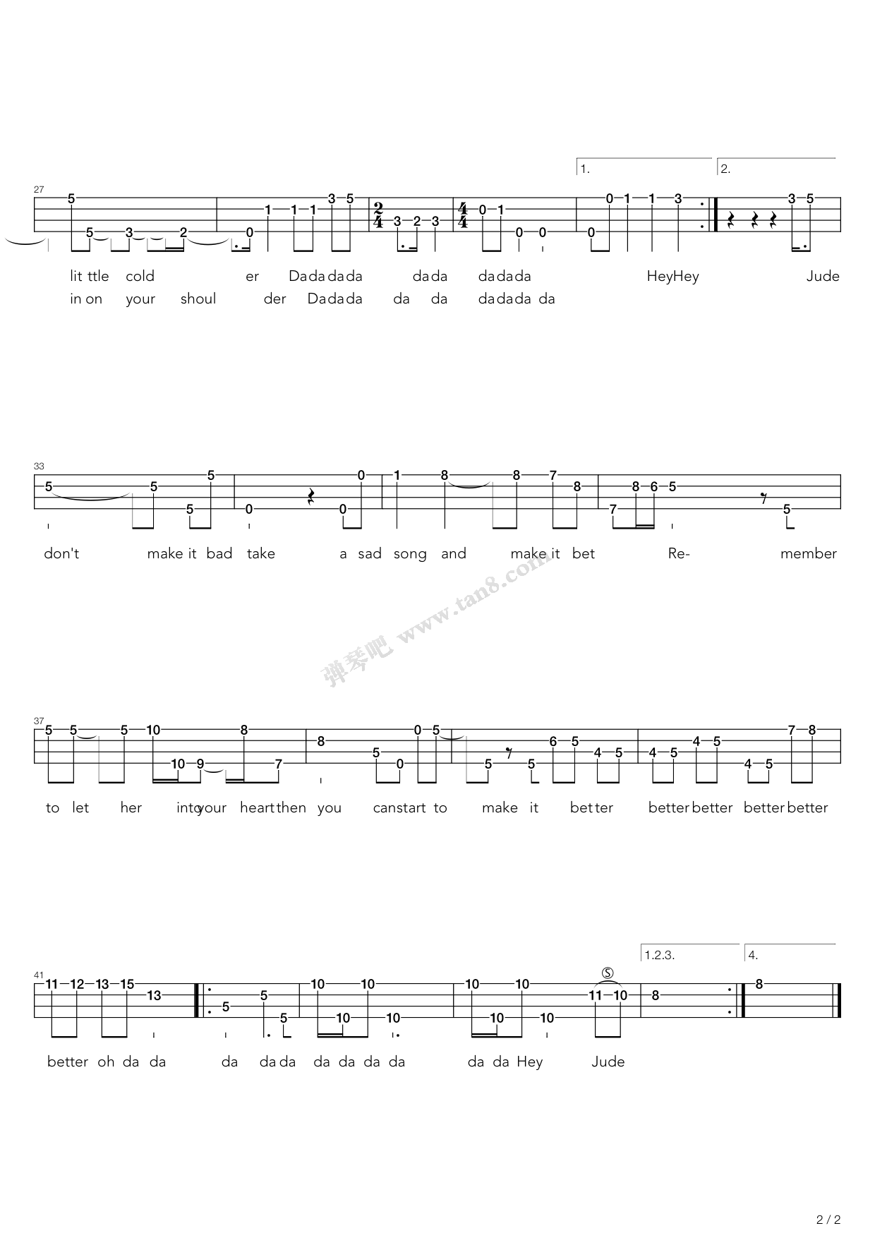 >> 练习曲 >> 孙燕姿 >>hey jude(尤克里里弹唱谱)