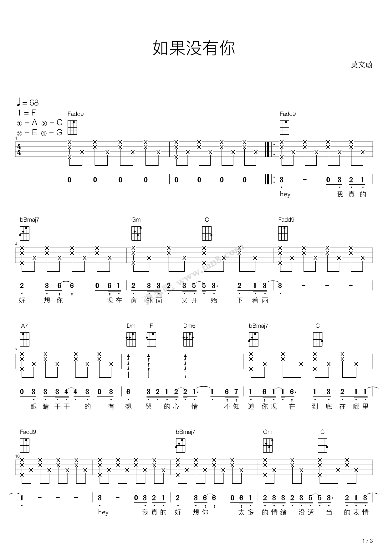 《如果没有你(尤克里里弹唱谱,莫文蔚)》,莫文蔚(六线谱 吉他谱吉他谱