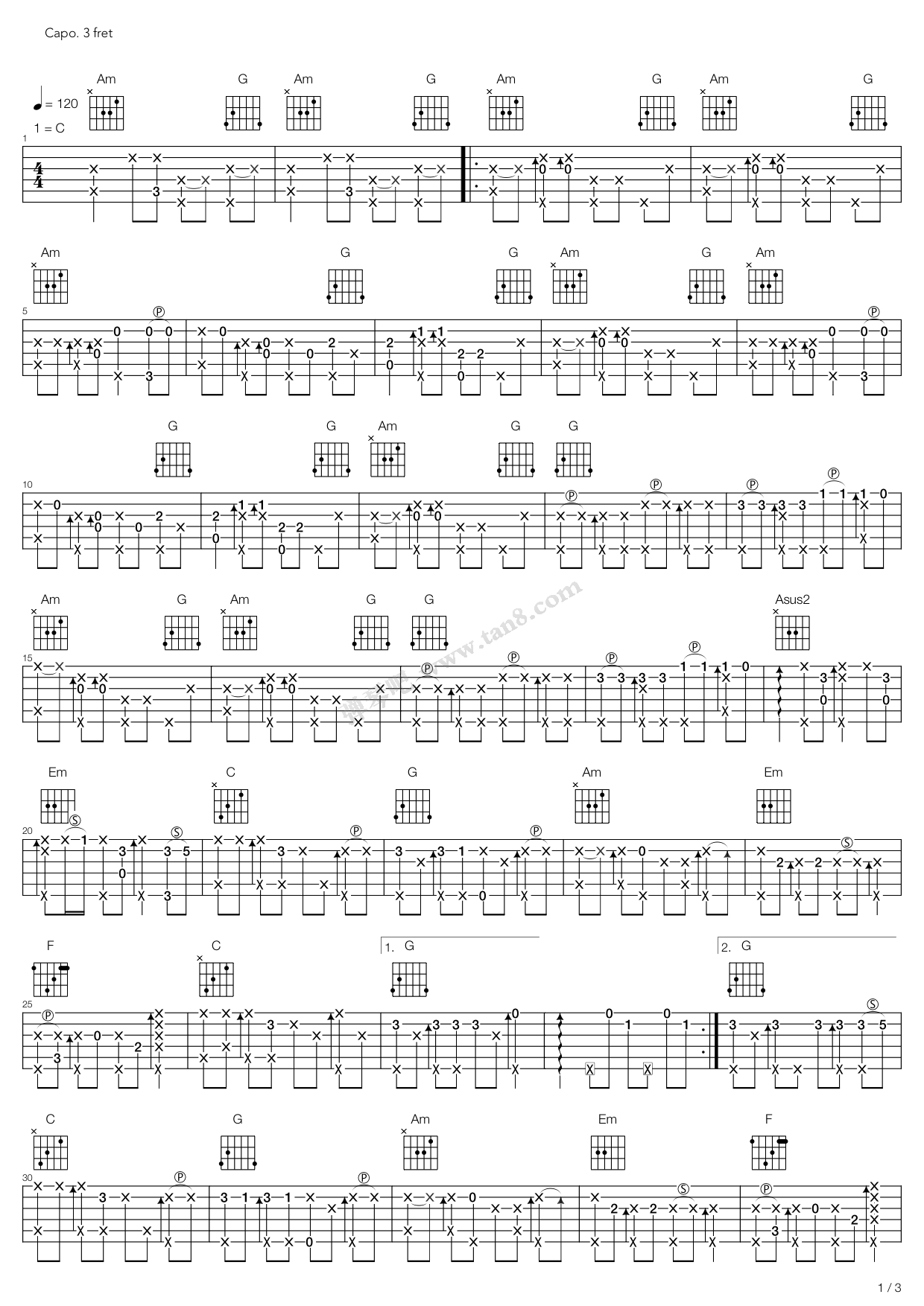 《trouble is a friend》,lenka (兰卡)(六线谱 吉他谱吉他谱 第1页