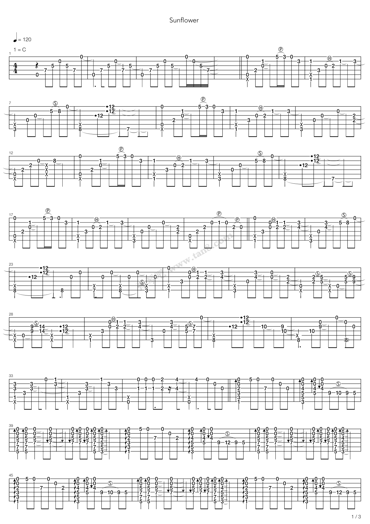 《sunflower》,孙培博(六线谱 吉他谱吉他谱 第1页