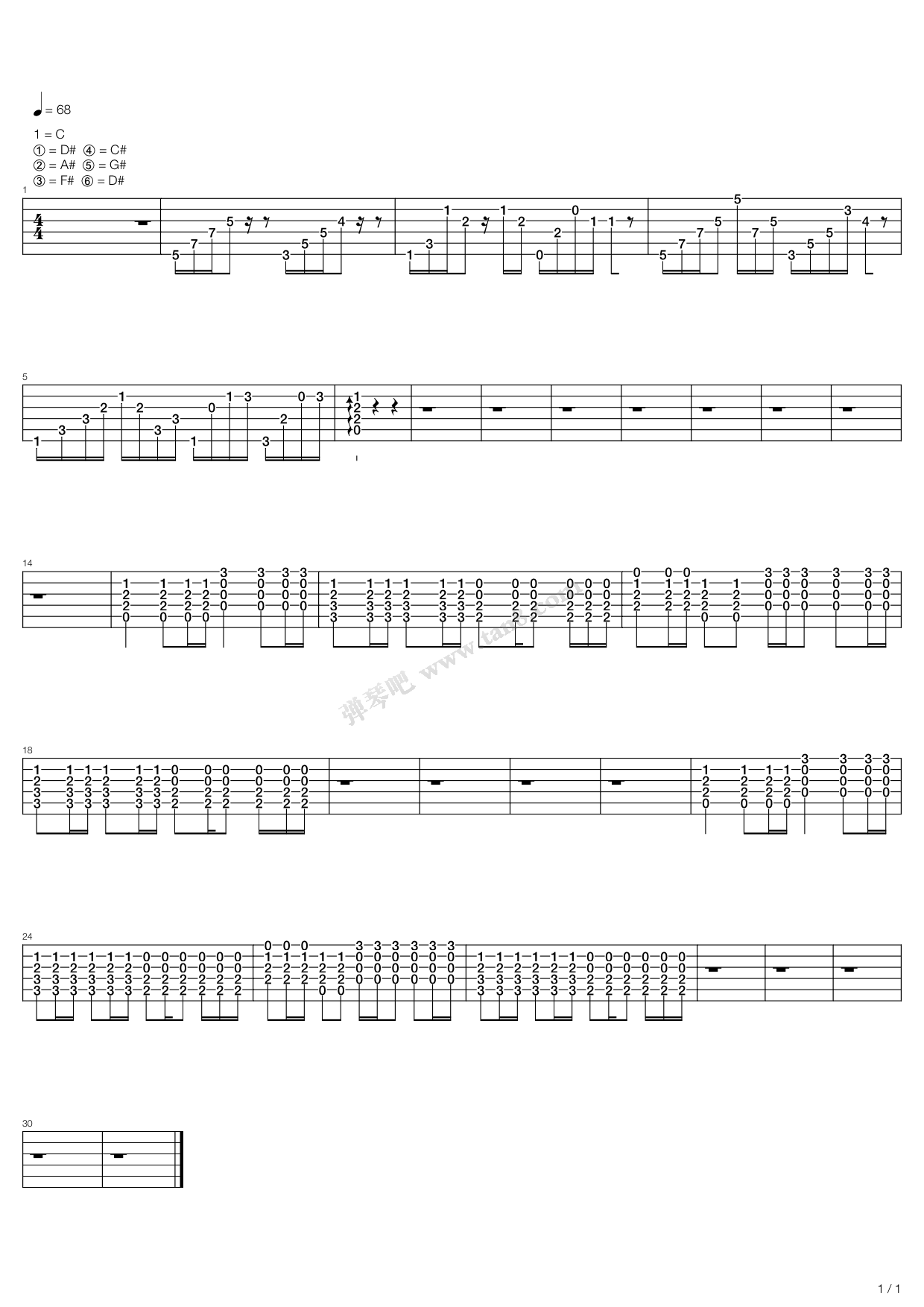 《黄种人 谢霆锋》,谢霆锋(六线谱 吉他谱吉他谱 第1页