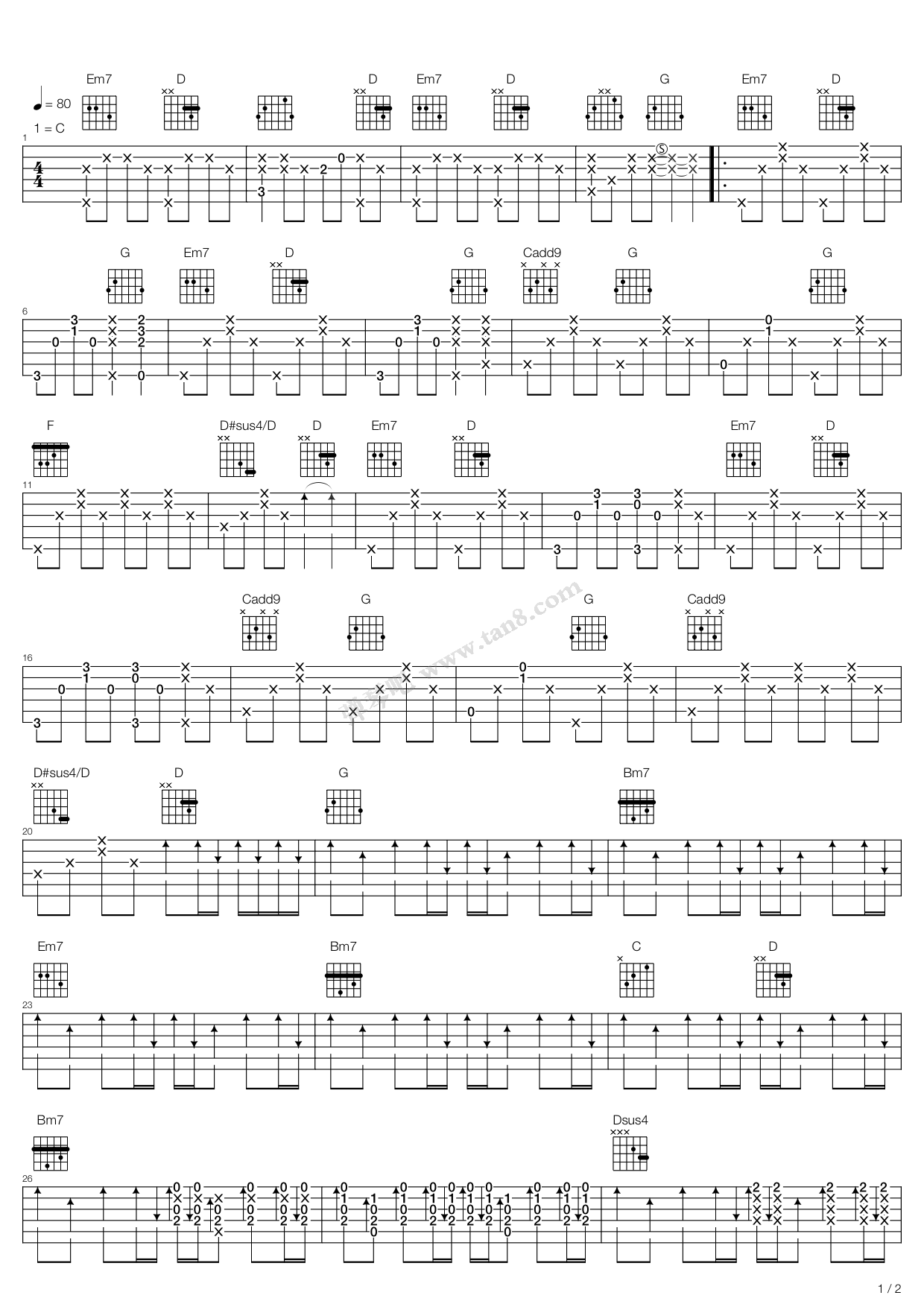 《珊瑚海》,周杰伦(六线谱 吉他谱吉他谱 第1页