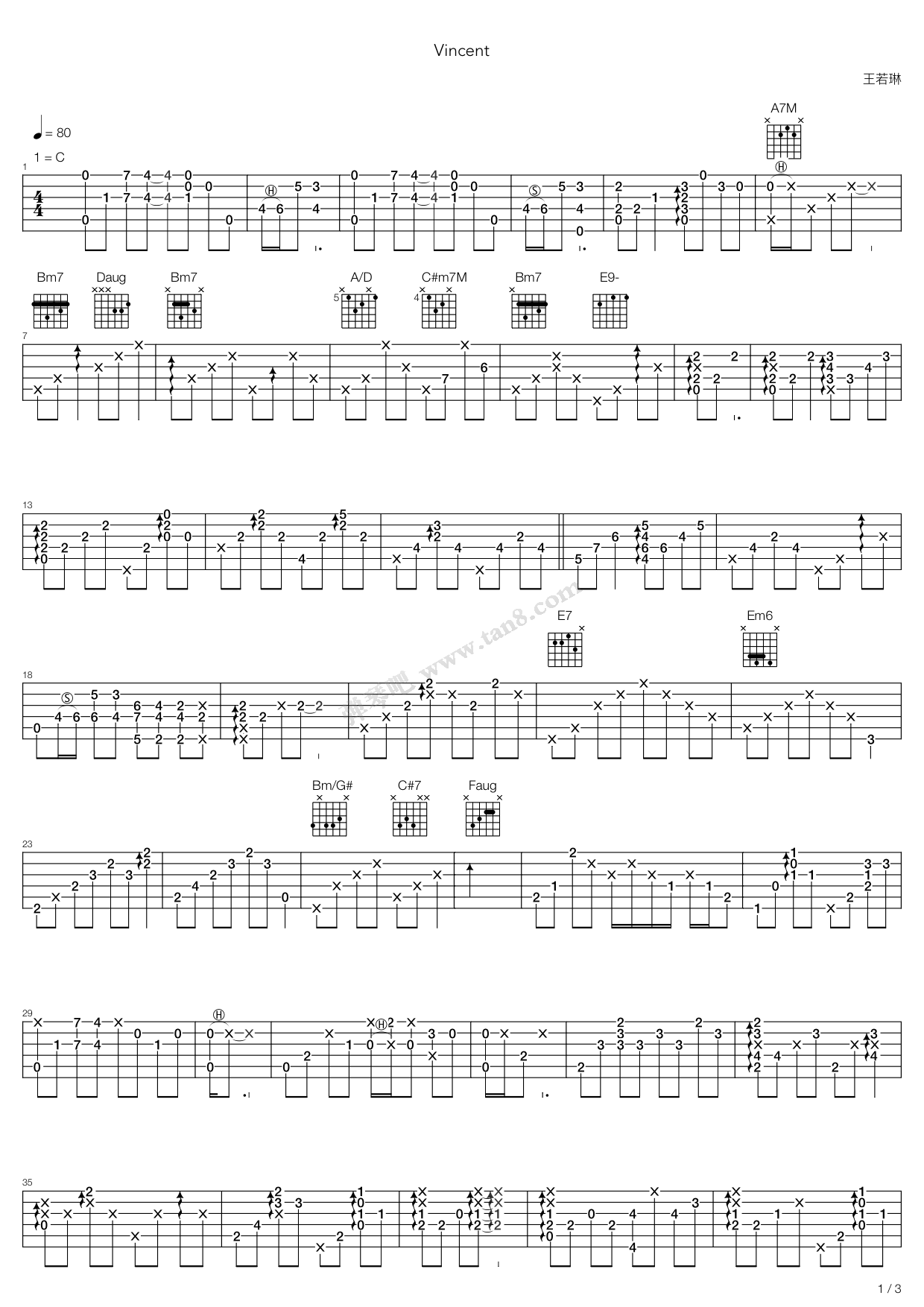 《vincent》,王若琳(六线谱 吉他谱吉他谱 第1页