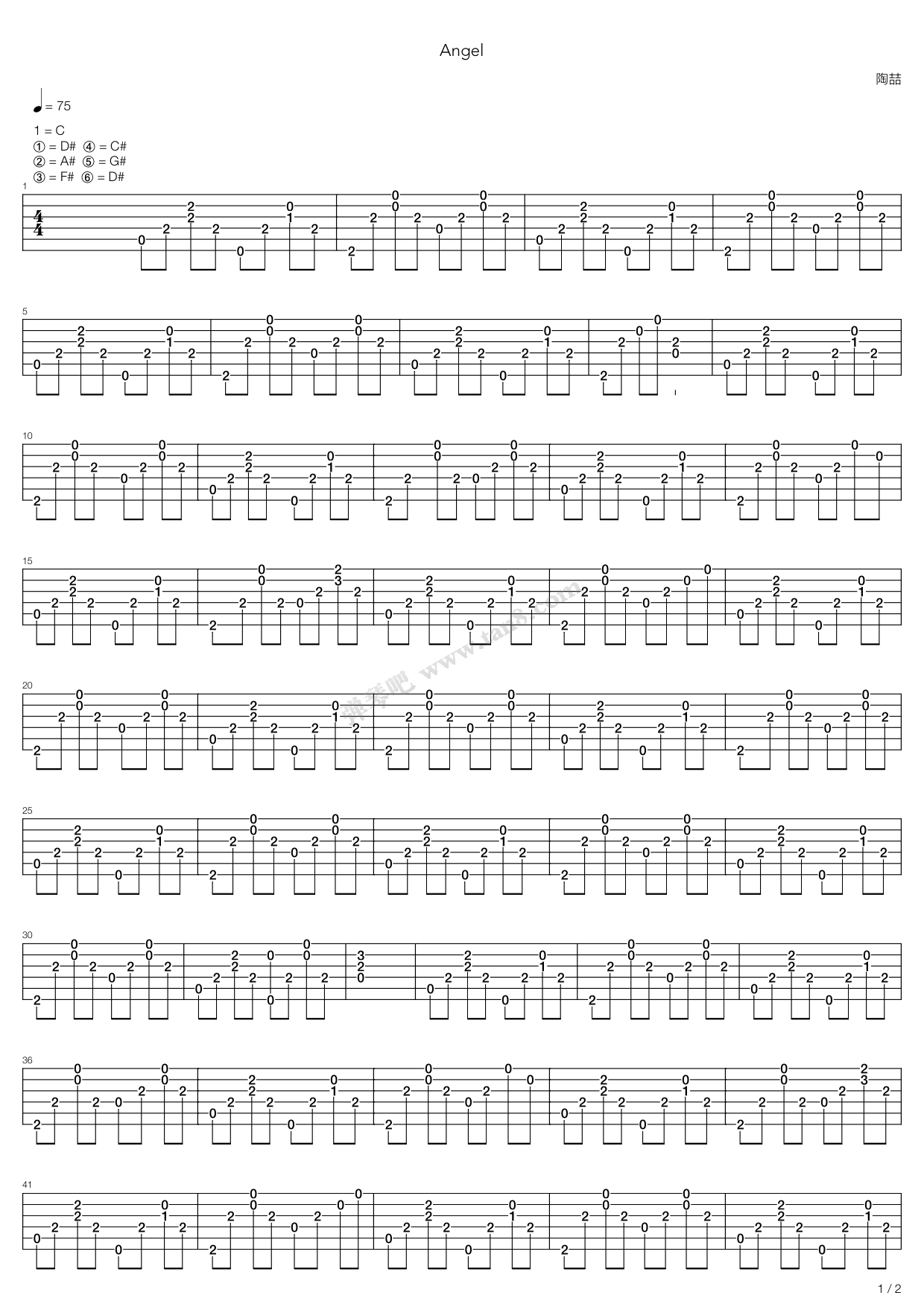 《陶喆-angel(赫提供)》,陶喆(六线谱 吉他谱吉他谱 第1页