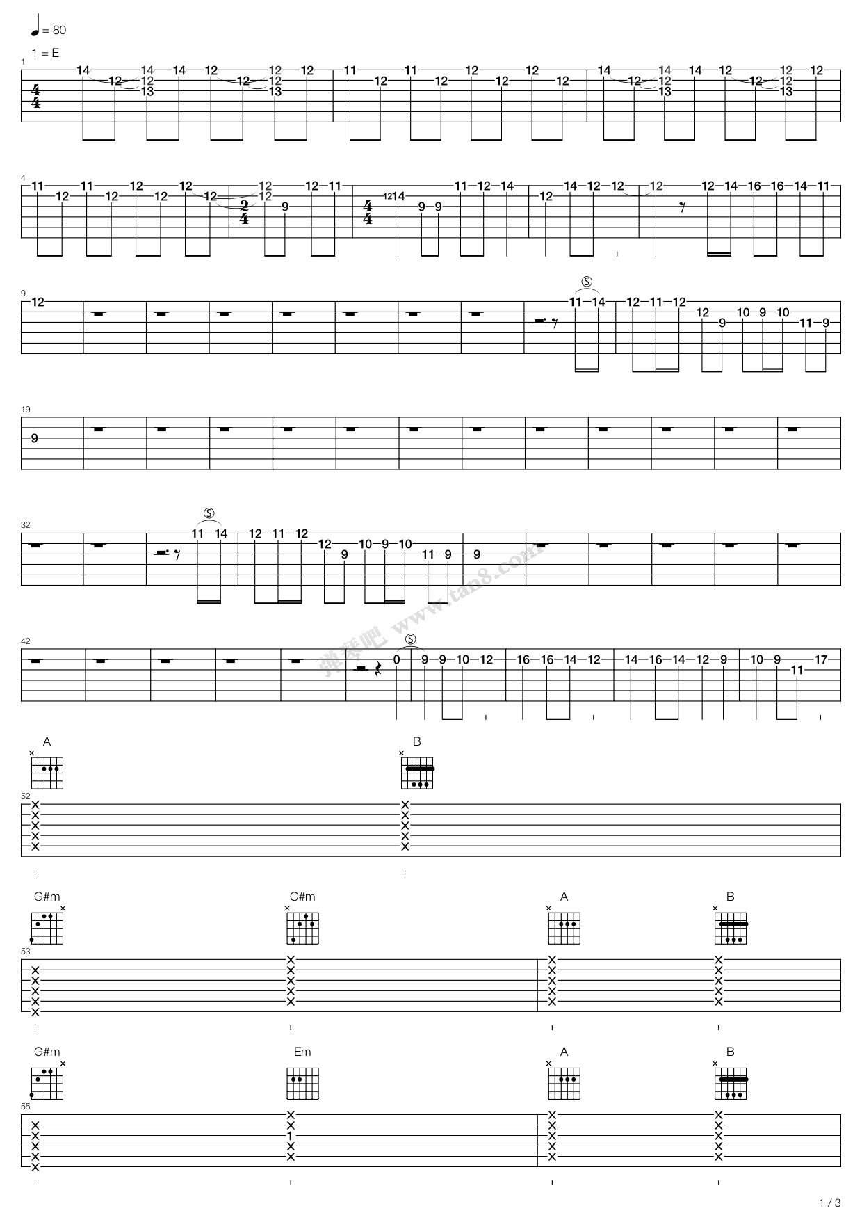 《五月天-知足(电吉他版)》,五月天(六线谱 吉他谱吉他谱 第1页