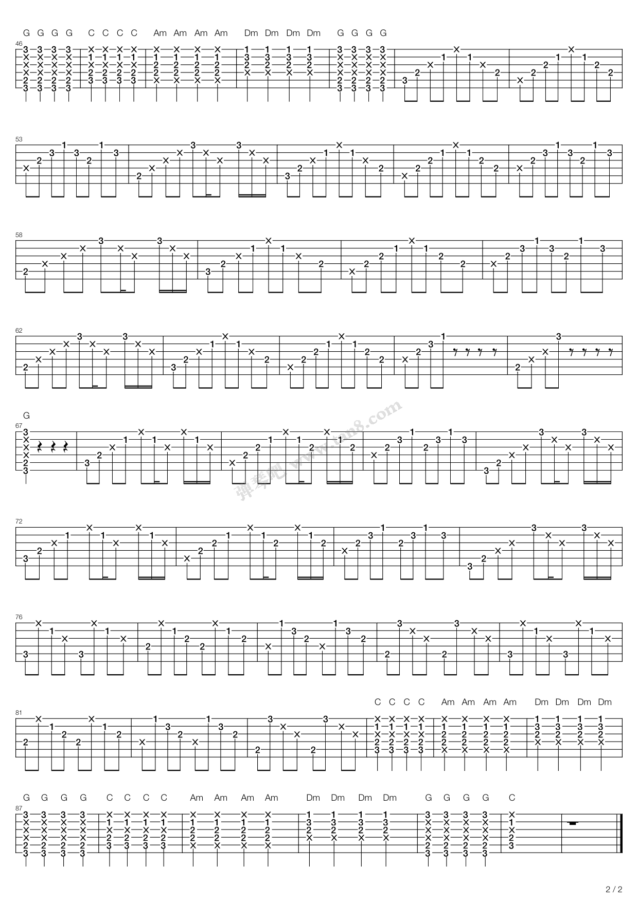 胡歌的完整版吉他六线谱《六月的雨》- 中级国语吉他谱 - G调指法编配 - 变调夹Capo=4 - 易谱库
