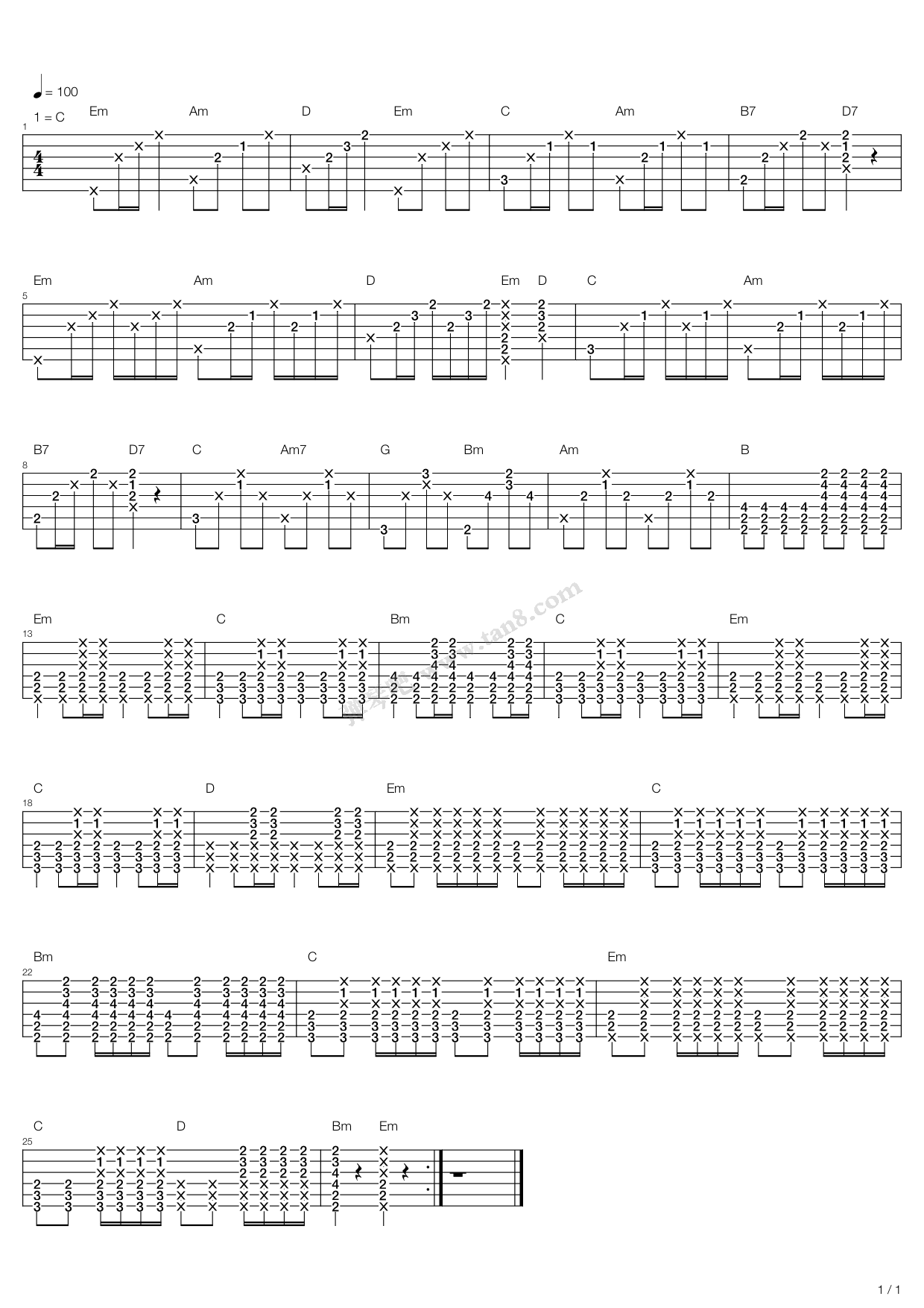 《一言难尽》,迪克牛仔(六线谱 吉他谱吉他谱 第1页