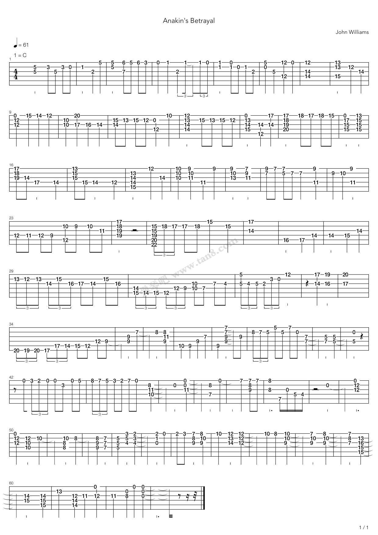 《anakins betrayal》,john williams(六线谱 吉他谱吉他谱 第1页