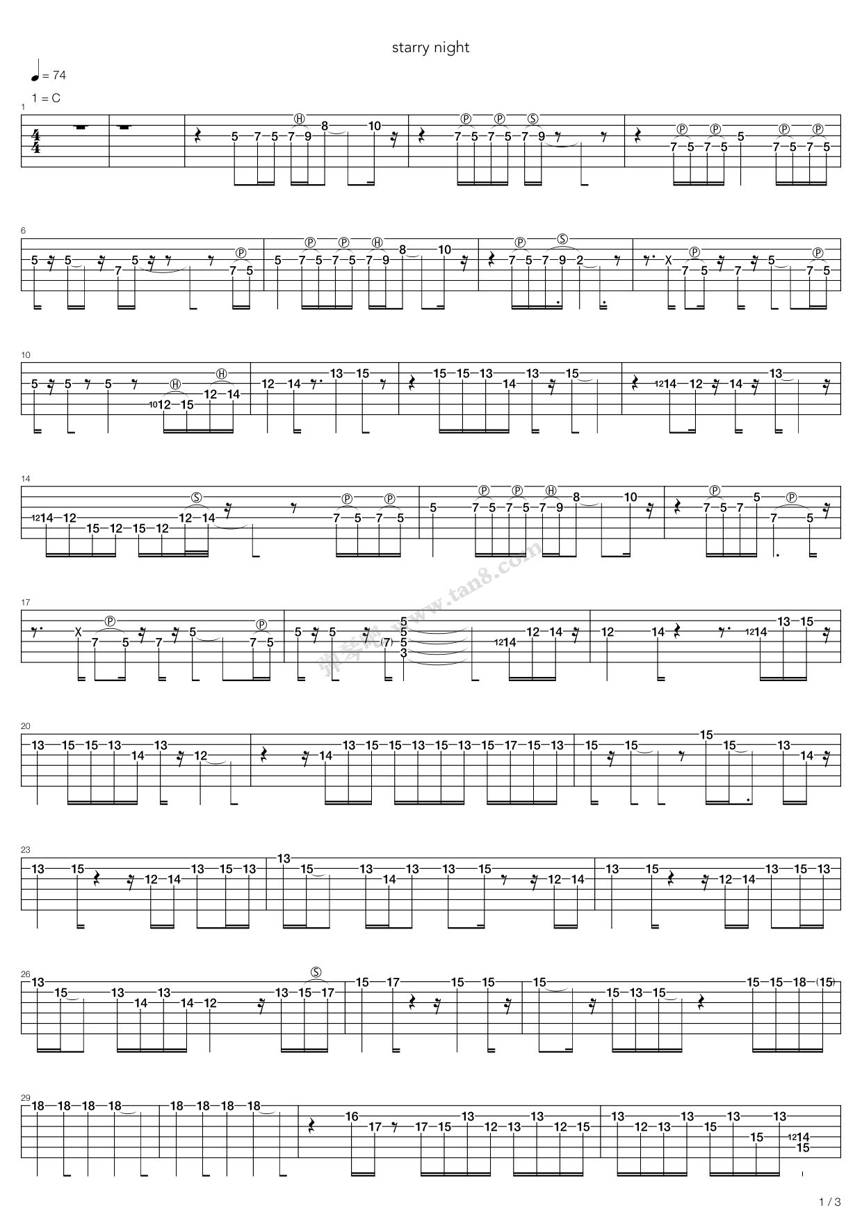 《starry night》,joe satriani(六线谱 吉他谱吉他谱 第1页